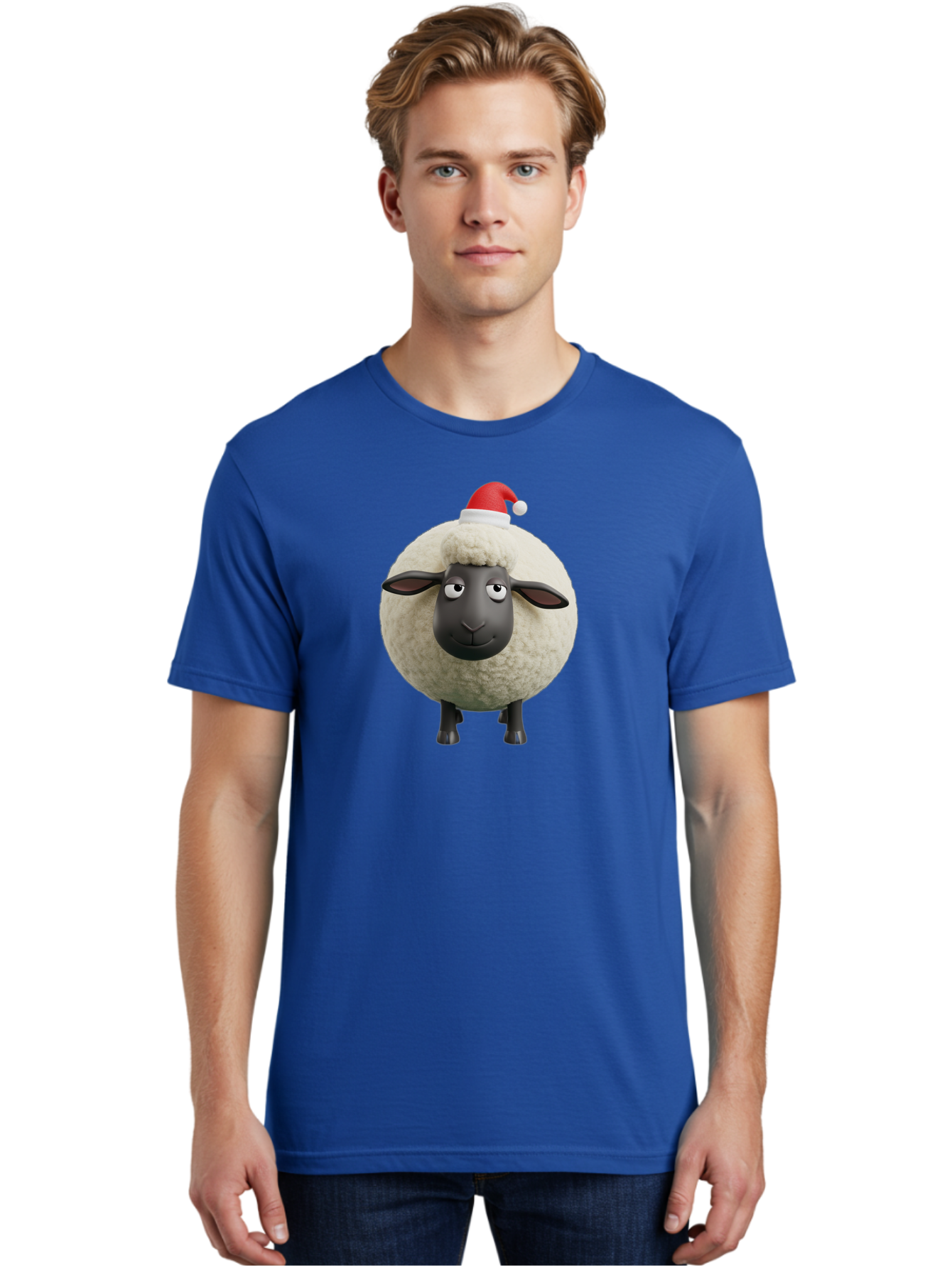 Shaun-The-Sheep-Christmas Men'S Graphic Tee, 100% Cotton, Comfortable Casual Summer Wear, Machine Washable, Cartoon Sheep, Shaun The Sheep, Fluffy White Sheep, Christmas Hat, Red And White Santa Hat, Funny Character, 3D Animation, Bad538