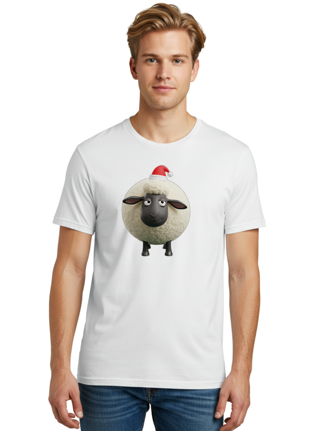 Shaun-The-Sheep-Christmas Men'S Graphic Tee, 100% Cotton, Comfortable Casual Summer Wear, Machine Washable, Cartoon Sheep, Shaun The Sheep, Fluffy White Sheep, Christmas Hat, Red And White Santa Hat, Funny Character, 3D Animation, Bad538