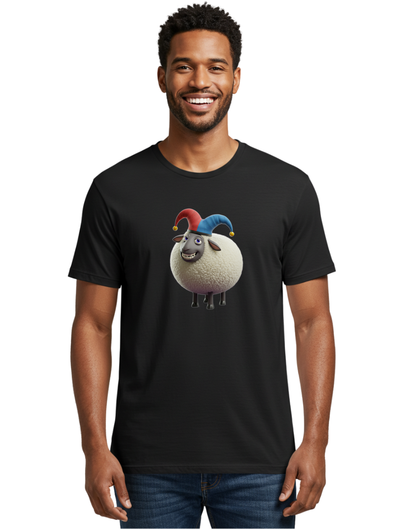 Shaun-The-Sheep-Jester-Hat Men'S Graphic Tee, 100% Cotton, Comfortable Casual Summer Wear, Machine Washable, Cartoon Sheep, Funny Character, Jester Hat, Red And Blue Hat, Animated Animal, Sheep Character, Humorous Illustration, Playful Design Bad539