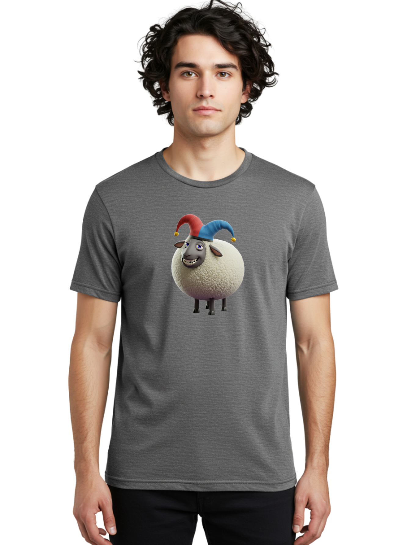 Shaun-The-Sheep-Jester-Hat Men'S Graphic Tee, 100% Cotton, Comfortable Casual Summer Wear, Machine Washable, Cartoon Sheep, Funny Character, Jester Hat, Red And Blue Hat, Animated Animal, Sheep Character, Humorous Illustration, Playful Design Bad539