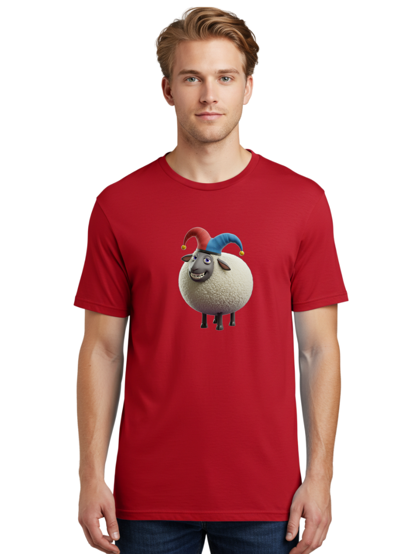 Shaun-The-Sheep-Jester-Hat Men'S Graphic Tee, 100% Cotton, Comfortable Casual Summer Wear, Machine Washable, Cartoon Sheep, Funny Character, Jester Hat, Red And Blue Hat, Animated Animal, Sheep Character, Humorous Illustration, Playful Design Bad539