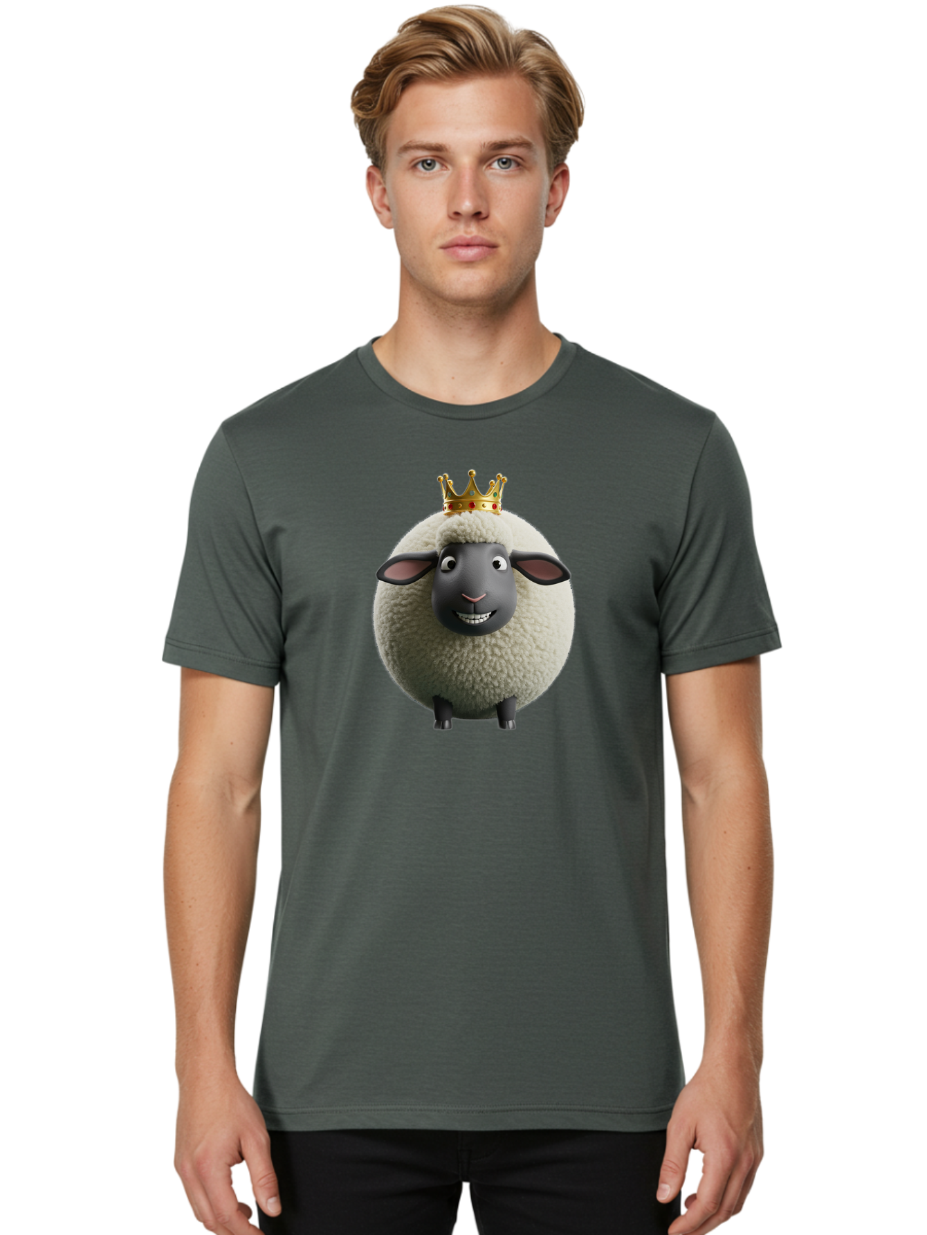 Shaun-The-Sheep-King Men'S Graphic Tee, 100% Cotton, Comfortable Casual Summer Wear, Machine Washable, Cartoon Sheep, Fluffy Sheep, Sheep Wearing Crown, Shaun The Sheep, Comedy Character, Funny Animal, Cute Sheep, Stop Motion Character, Bad540