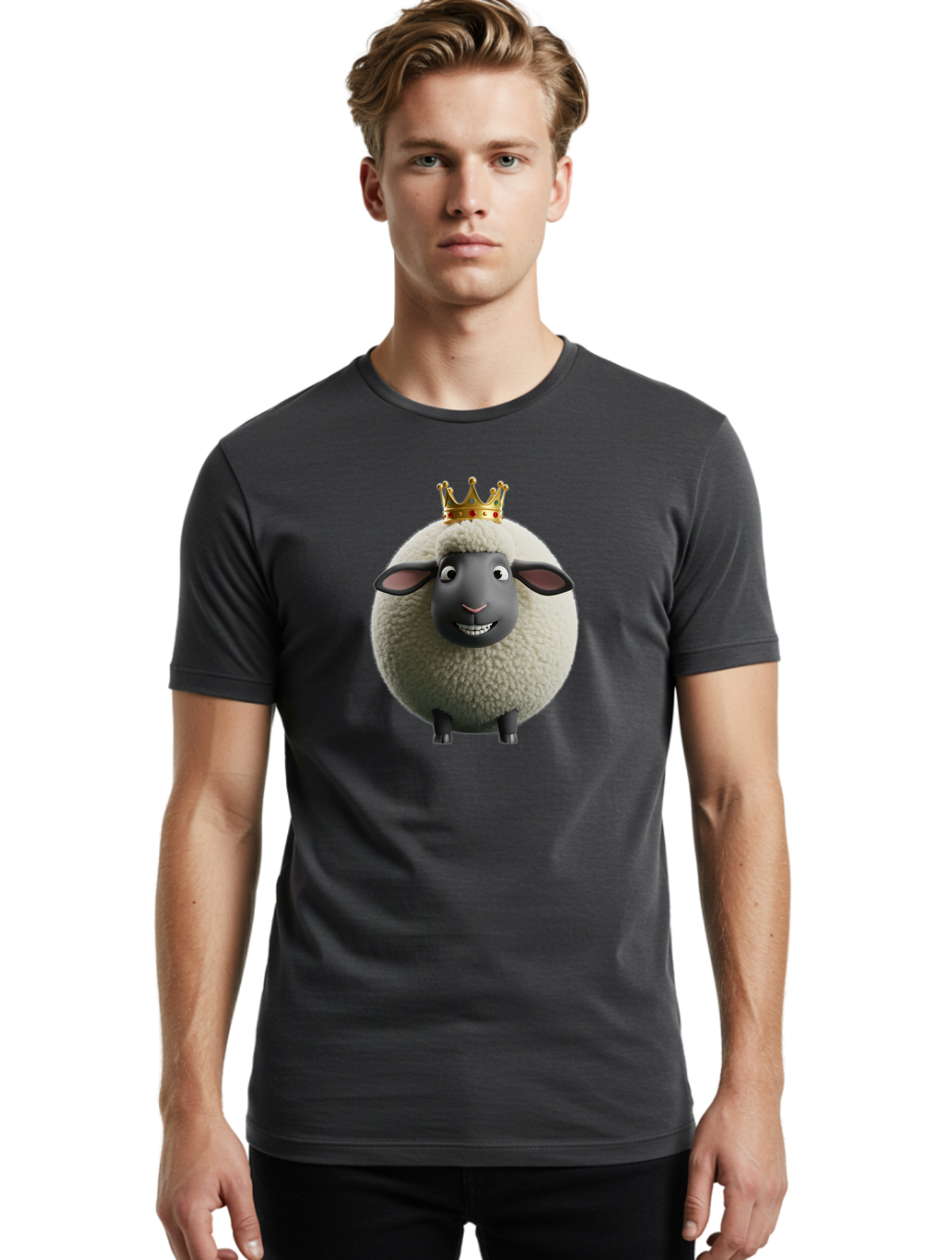 Shaun-The-Sheep-King Men'S Graphic Tee, 100% Cotton, Comfortable Casual Summer Wear, Machine Washable, Cartoon Sheep, Fluffy Sheep, Sheep Wearing Crown, Shaun The Sheep, Comedy Character, Funny Animal, Cute Sheep, Stop Motion Character, Bad540