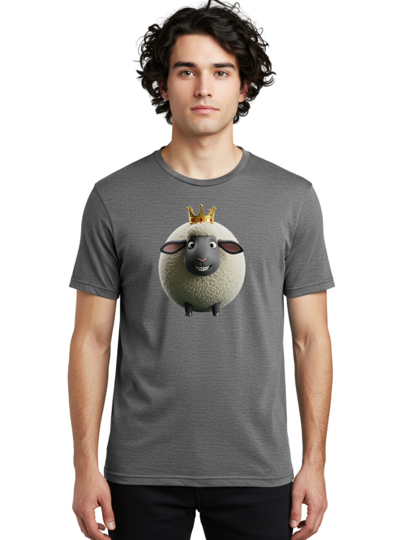 Shaun-The-Sheep-King Men'S Graphic Tee, 100% Cotton, Comfortable Casual Summer Wear, Machine Washable, Cartoon Sheep, Fluffy Sheep, Sheep Wearing Crown, Shaun The Sheep, Comedy Character, Funny Animal, Cute Sheep, Stop Motion Character, Bad540