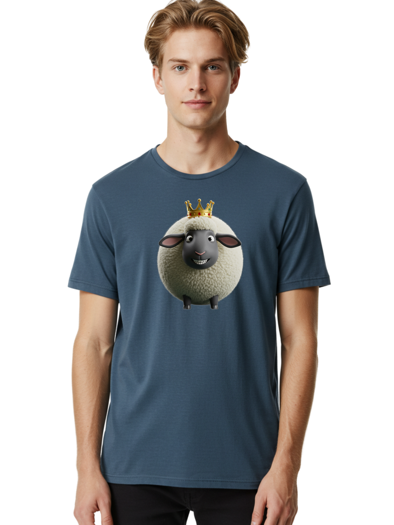 Shaun-The-Sheep-King Men'S Graphic Tee, 100% Cotton, Comfortable Casual Summer Wear, Machine Washable, Cartoon Sheep, Fluffy Sheep, Sheep Wearing Crown, Shaun The Sheep, Comedy Character, Funny Animal, Cute Sheep, Stop Motion Character, Bad540