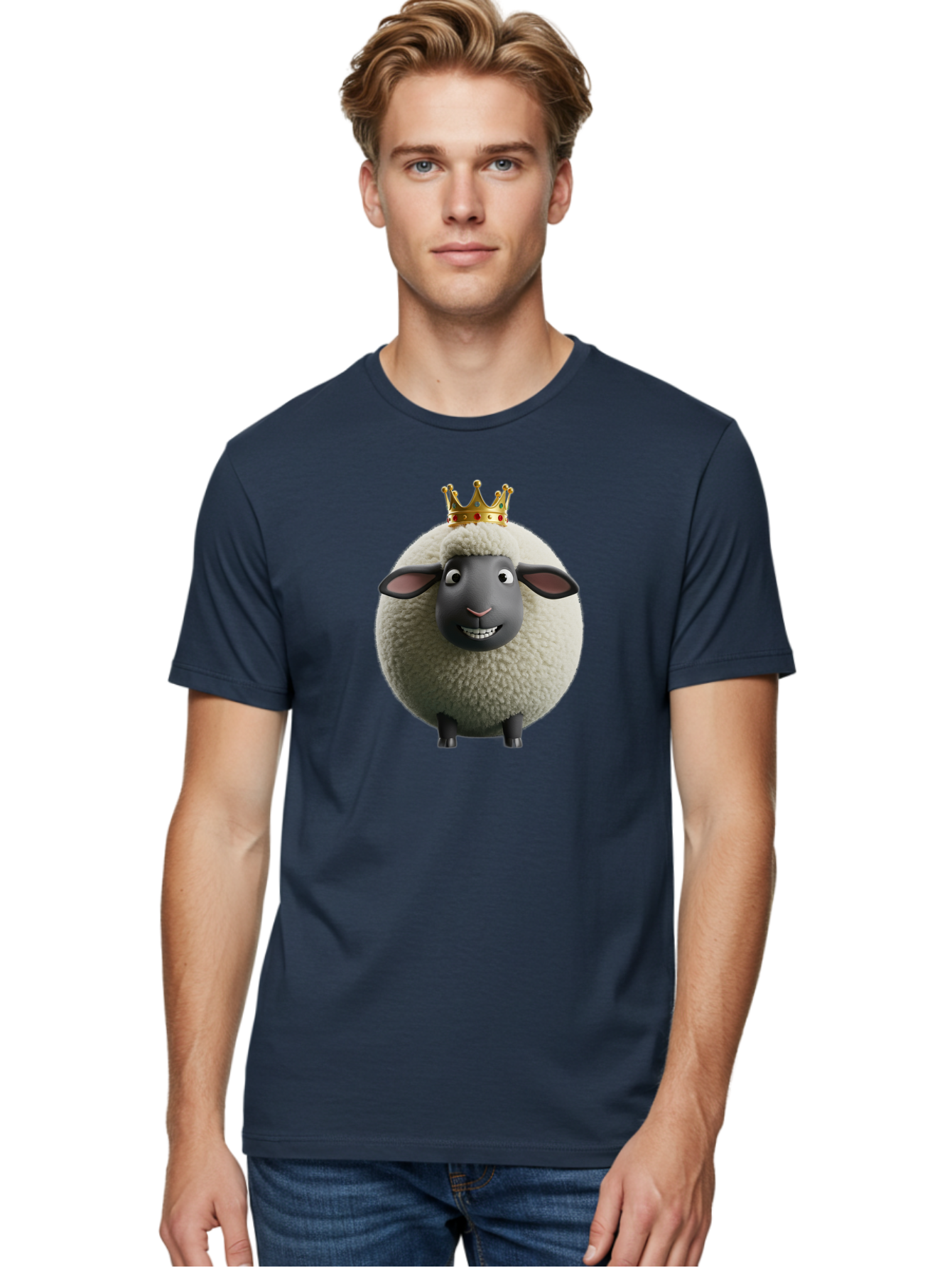 Shaun-The-Sheep-King Men'S Graphic Tee, 100% Cotton, Comfortable Casual Summer Wear, Machine Washable, Cartoon Sheep, Fluffy Sheep, Sheep Wearing Crown, Shaun The Sheep, Comedy Character, Funny Animal, Cute Sheep, Stop Motion Character, Bad540