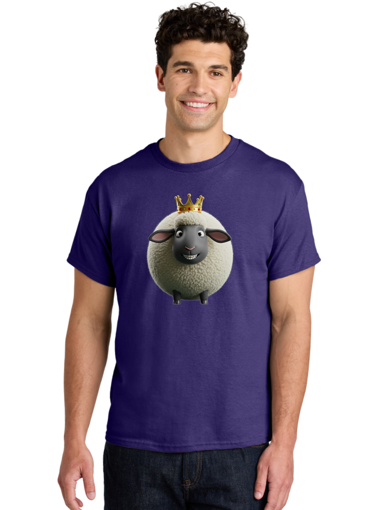 Shaun-The-Sheep-King Men'S Graphic Tee, 100% Cotton, Comfortable Casual Summer Wear, Machine Washable, Cartoon Sheep, Fluffy Sheep, Sheep Wearing Crown, Shaun The Sheep, Comedy Character, Funny Animal, Cute Sheep, Stop Motion Character, Bad540