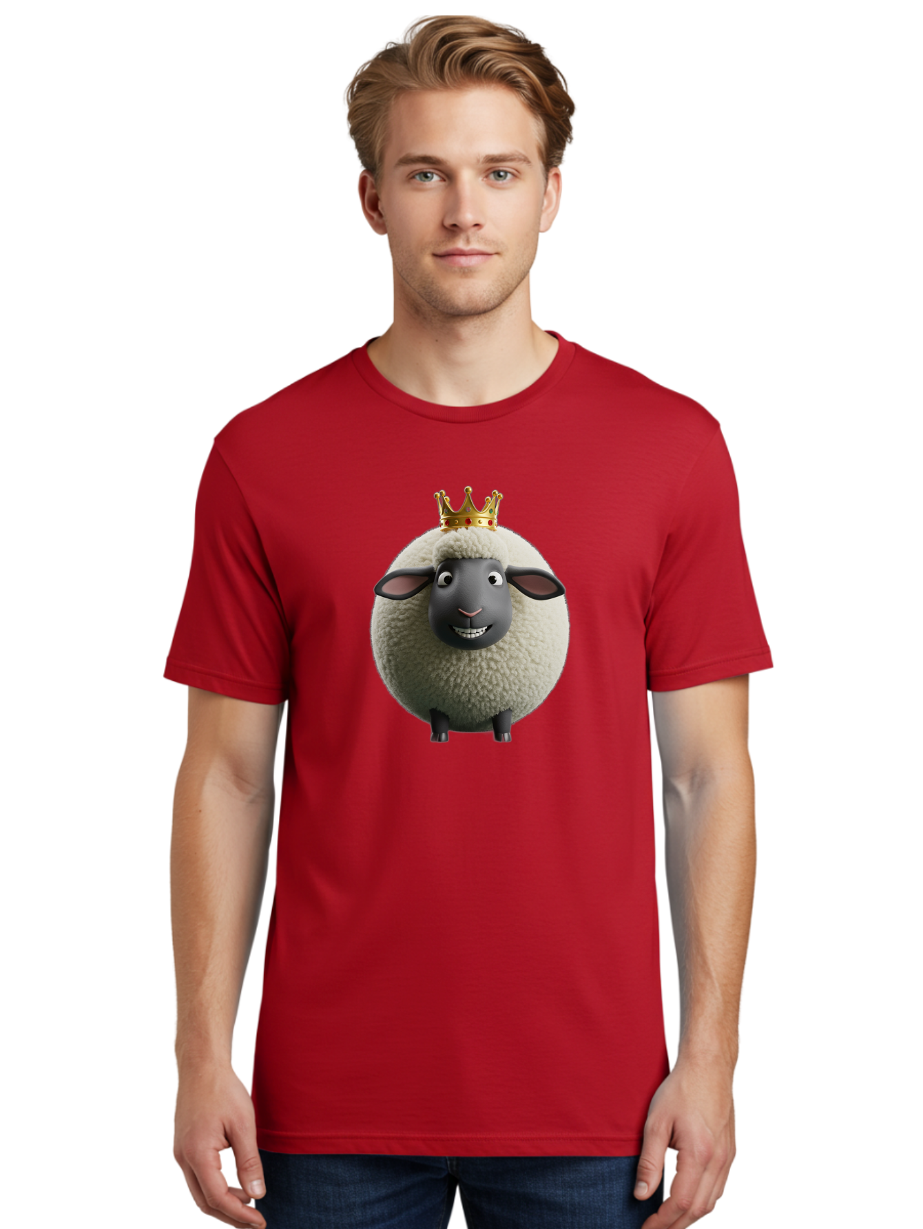Shaun-The-Sheep-King Men'S Graphic Tee, 100% Cotton, Comfortable Casual Summer Wear, Machine Washable, Cartoon Sheep, Fluffy Sheep, Sheep Wearing Crown, Shaun The Sheep, Comedy Character, Funny Animal, Cute Sheep, Stop Motion Character, Bad540
