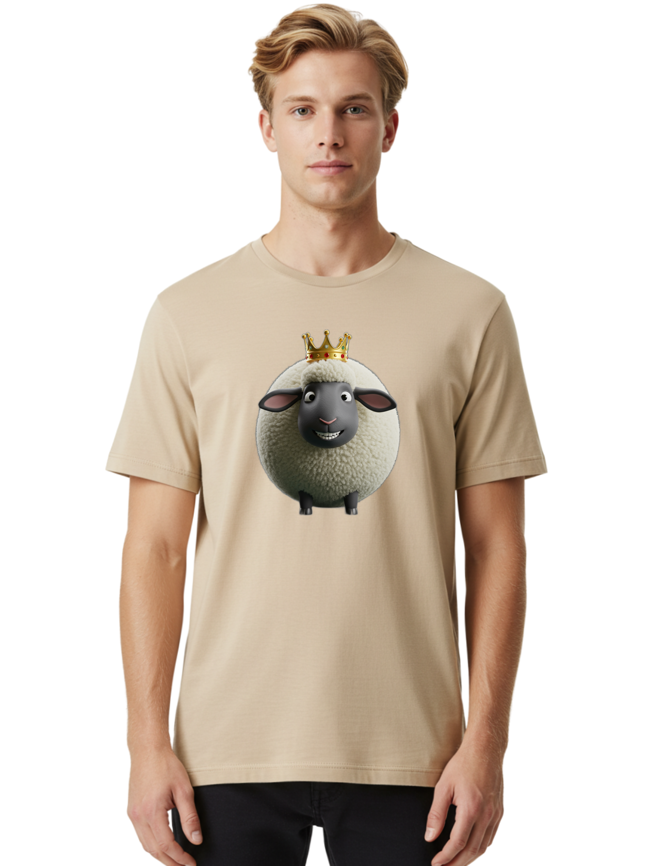 Shaun-The-Sheep-King Men'S Graphic Tee, 100% Cotton, Comfortable Casual Summer Wear, Machine Washable, Cartoon Sheep, Fluffy Sheep, Sheep Wearing Crown, Shaun The Sheep, Comedy Character, Funny Animal, Cute Sheep, Stop Motion Character, Bad540