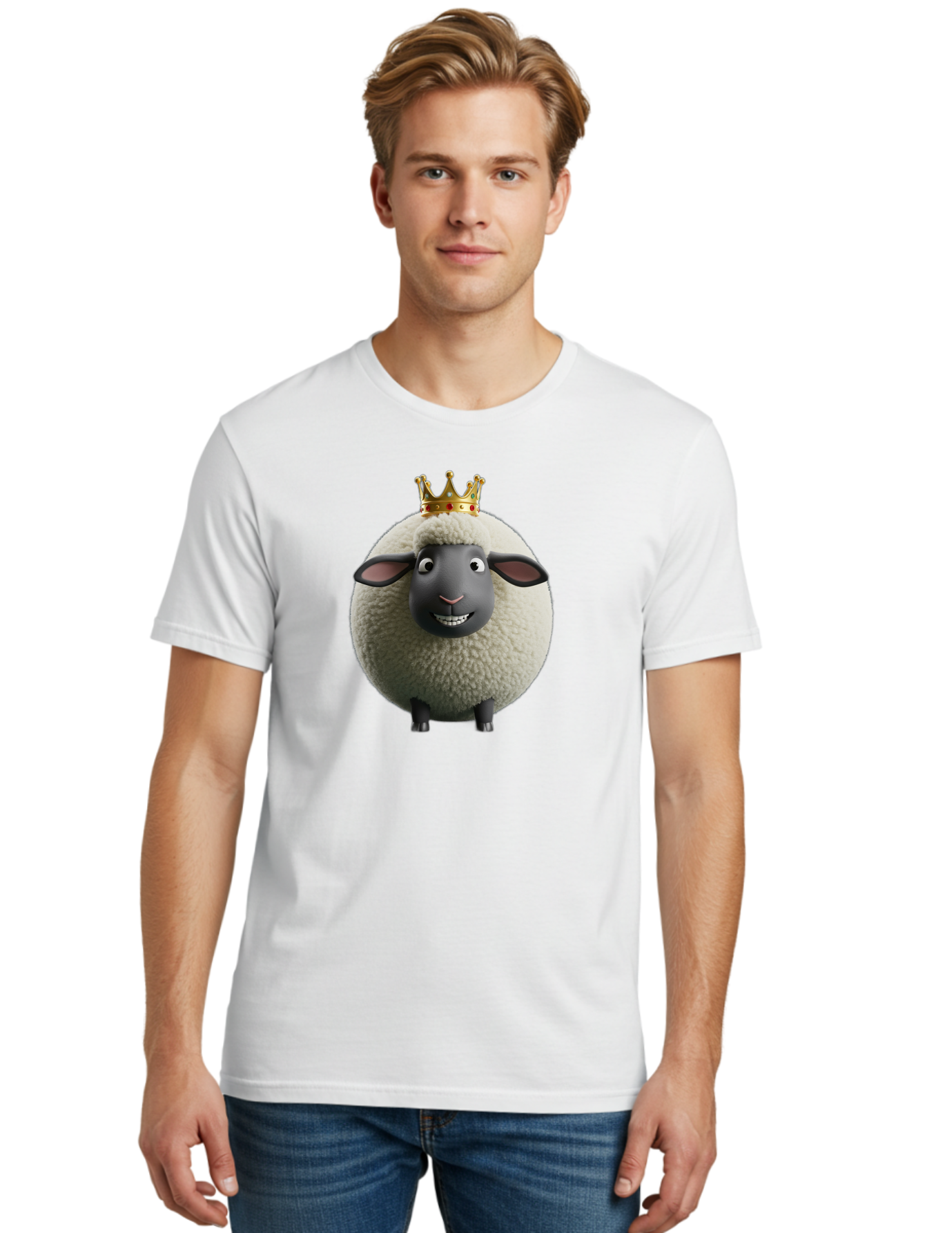 Shaun-The-Sheep-King Men'S Graphic Tee, 100% Cotton, Comfortable Casual Summer Wear, Machine Washable, Cartoon Sheep, Fluffy Sheep, Sheep Wearing Crown, Shaun The Sheep, Comedy Character, Funny Animal, Cute Sheep, Stop Motion Character, Bad540