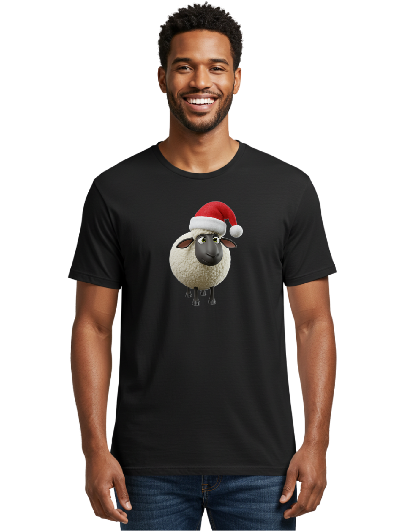Shaun-The-Sheep-Santa-Hat Men'S Graphic Tee, 100% Cotton, Comfortable Casual Summer Wear, Machine Washable, Shaun The Sheep, Christmas Sheep, Santa Hat Sheep, Festive Cartoon Character, Holiday Fun, Animated Sheep, Merry Christmas, Bad541