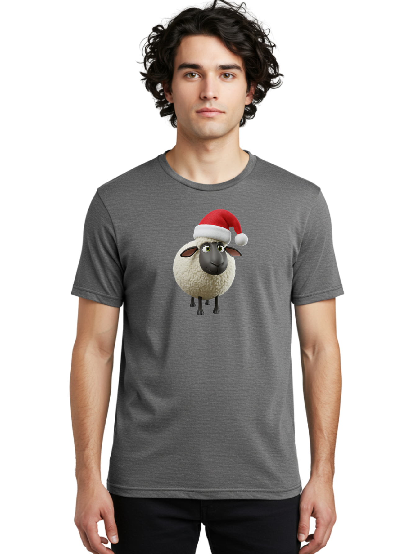 Shaun-The-Sheep-Santa-Hat Men'S Graphic Tee, 100% Cotton, Comfortable Casual Summer Wear, Machine Washable, Shaun The Sheep, Christmas Sheep, Santa Hat Sheep, Festive Cartoon Character, Holiday Fun, Animated Sheep, Merry Christmas, Bad541