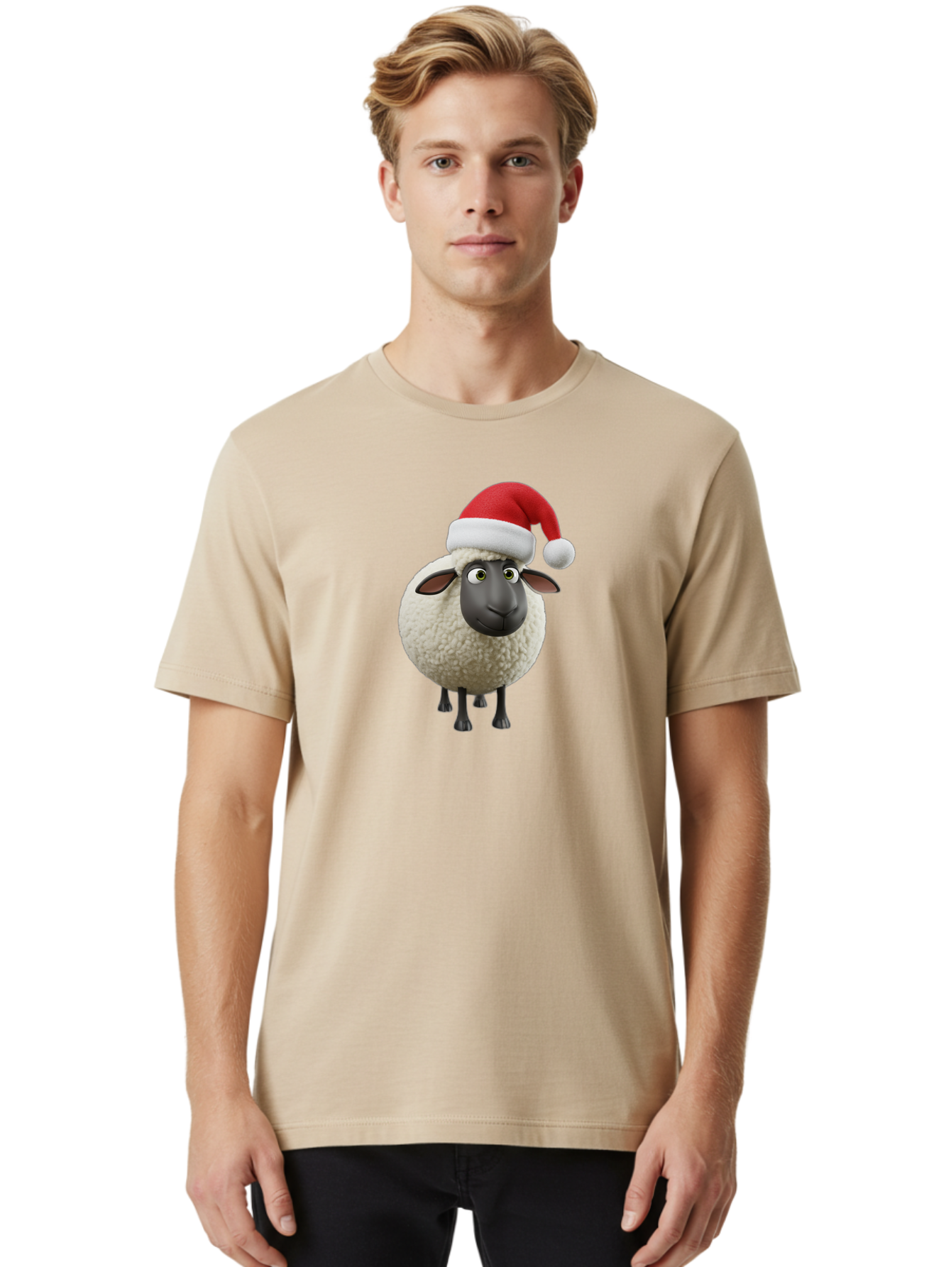 Shaun-The-Sheep-Santa-Hat Men'S Graphic Tee, 100% Cotton, Comfortable Casual Summer Wear, Machine Washable, Shaun The Sheep, Christmas Sheep, Santa Hat Sheep, Festive Cartoon Character, Holiday Fun, Animated Sheep, Merry Christmas, Bad541