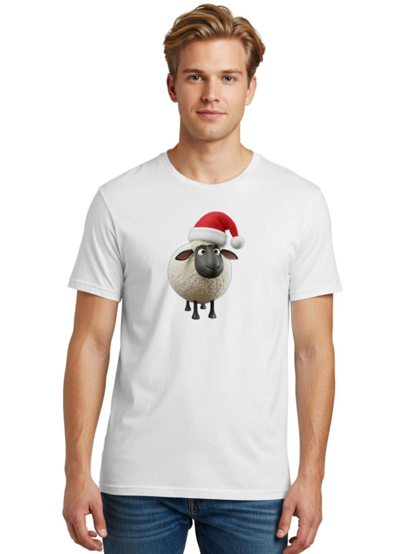 Shaun-The-Sheep-Santa-Hat Men'S Graphic Tee, 100% Cotton, Comfortable Casual Summer Wear, Machine Washable, Shaun The Sheep, Christmas Sheep, Santa Hat Sheep, Festive Cartoon Character, Holiday Fun, Animated Sheep, Merry Christmas, Bad541
