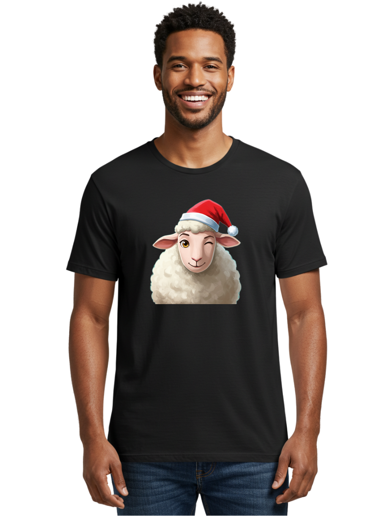 Sheep-In-Santa-Hat-1 Men'S Graphic Tee, 100% Cotton, Comfortable Casual Summer Wear, Machine Washable, Cartoon Sheep, Santa Hat, Christmas Character, Festive Animal, Holiday Cheer, Fluffy Sheep, Merry Christmas, Winter Wonderland, Funny Sheep Bad549