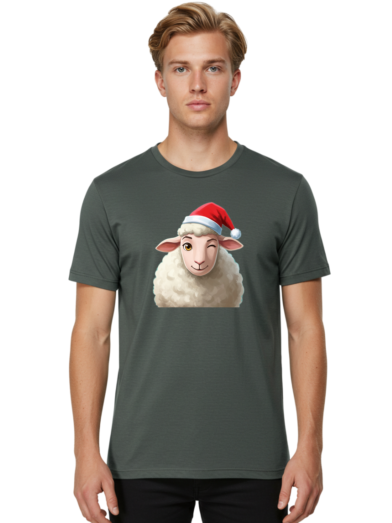 Sheep-In-Santa-Hat-1 Men'S Graphic Tee, 100% Cotton, Comfortable Casual Summer Wear, Machine Washable, Cartoon Sheep, Santa Hat, Christmas Character, Festive Animal, Holiday Cheer, Fluffy Sheep, Merry Christmas, Winter Wonderland, Funny Sheep Bad549