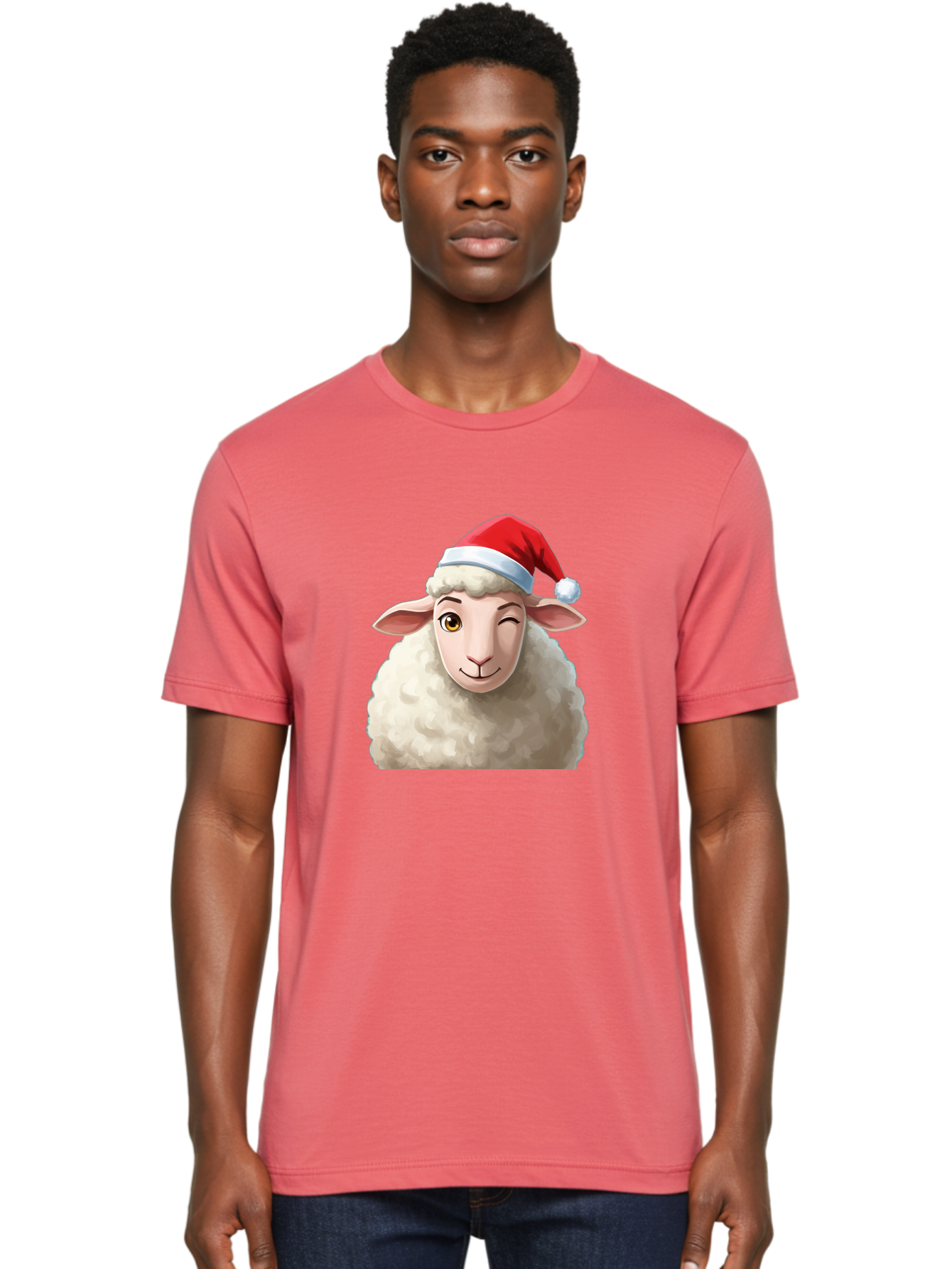 Sheep-In-Santa-Hat-1 Men'S Graphic Tee, 100% Cotton, Comfortable Casual Summer Wear, Machine Washable, Cartoon Sheep, Santa Hat, Christmas Character, Festive Animal, Holiday Cheer, Fluffy Sheep, Merry Christmas, Winter Wonderland, Funny Sheep Bad549