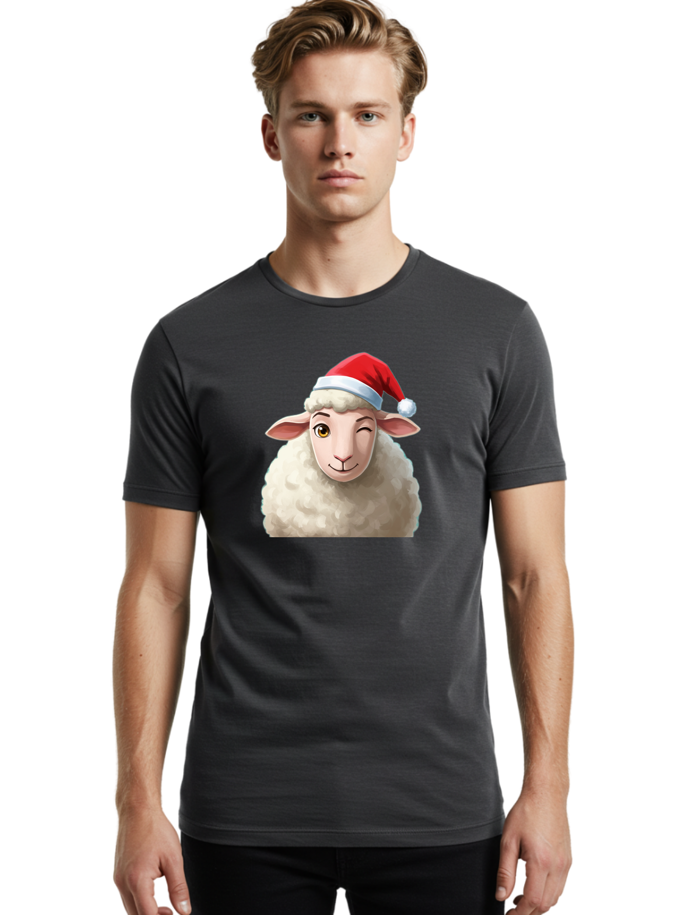 Sheep-In-Santa-Hat-1 Men'S Graphic Tee, 100% Cotton, Comfortable Casual Summer Wear, Machine Washable, Cartoon Sheep, Santa Hat, Christmas Character, Festive Animal, Holiday Cheer, Fluffy Sheep, Merry Christmas, Winter Wonderland, Funny Sheep Bad549