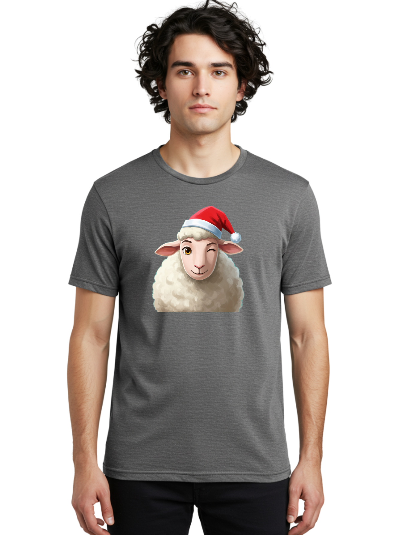 Sheep-In-Santa-Hat-1 Men'S Graphic Tee, 100% Cotton, Comfortable Casual Summer Wear, Machine Washable, Cartoon Sheep, Santa Hat, Christmas Character, Festive Animal, Holiday Cheer, Fluffy Sheep, Merry Christmas, Winter Wonderland, Funny Sheep Bad549