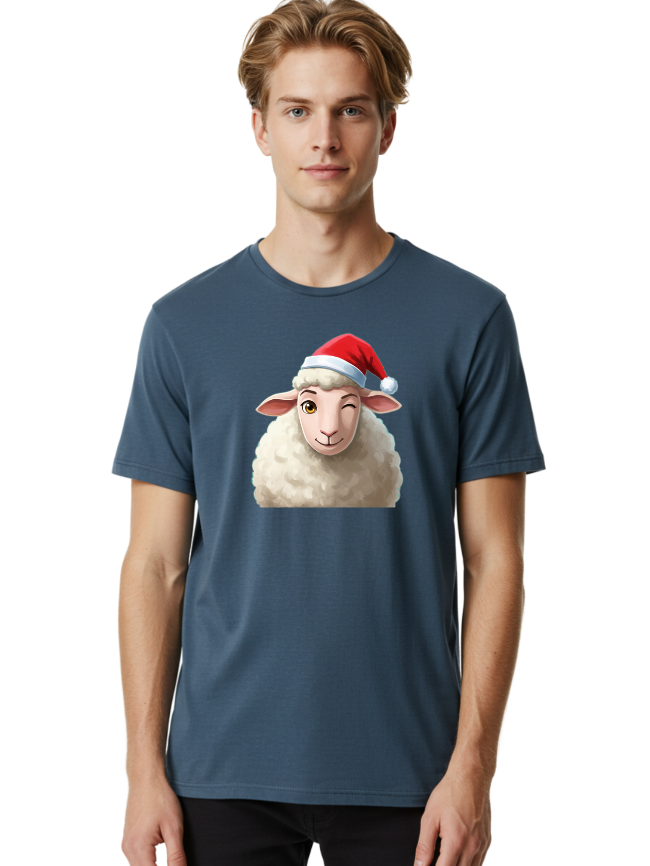 Sheep-In-Santa-Hat-1 Men'S Graphic Tee, 100% Cotton, Comfortable Casual Summer Wear, Machine Washable, Cartoon Sheep, Santa Hat, Christmas Character, Festive Animal, Holiday Cheer, Fluffy Sheep, Merry Christmas, Winter Wonderland, Funny Sheep Bad549