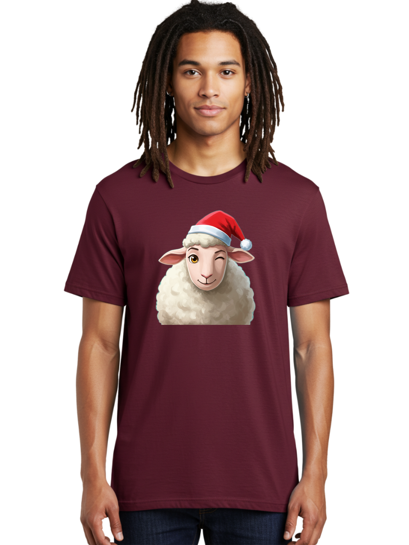 Sheep-In-Santa-Hat-1 Men'S Graphic Tee, 100% Cotton, Comfortable Casual Summer Wear, Machine Washable, Cartoon Sheep, Santa Hat, Christmas Character, Festive Animal, Holiday Cheer, Fluffy Sheep, Merry Christmas, Winter Wonderland, Funny Sheep Bad549