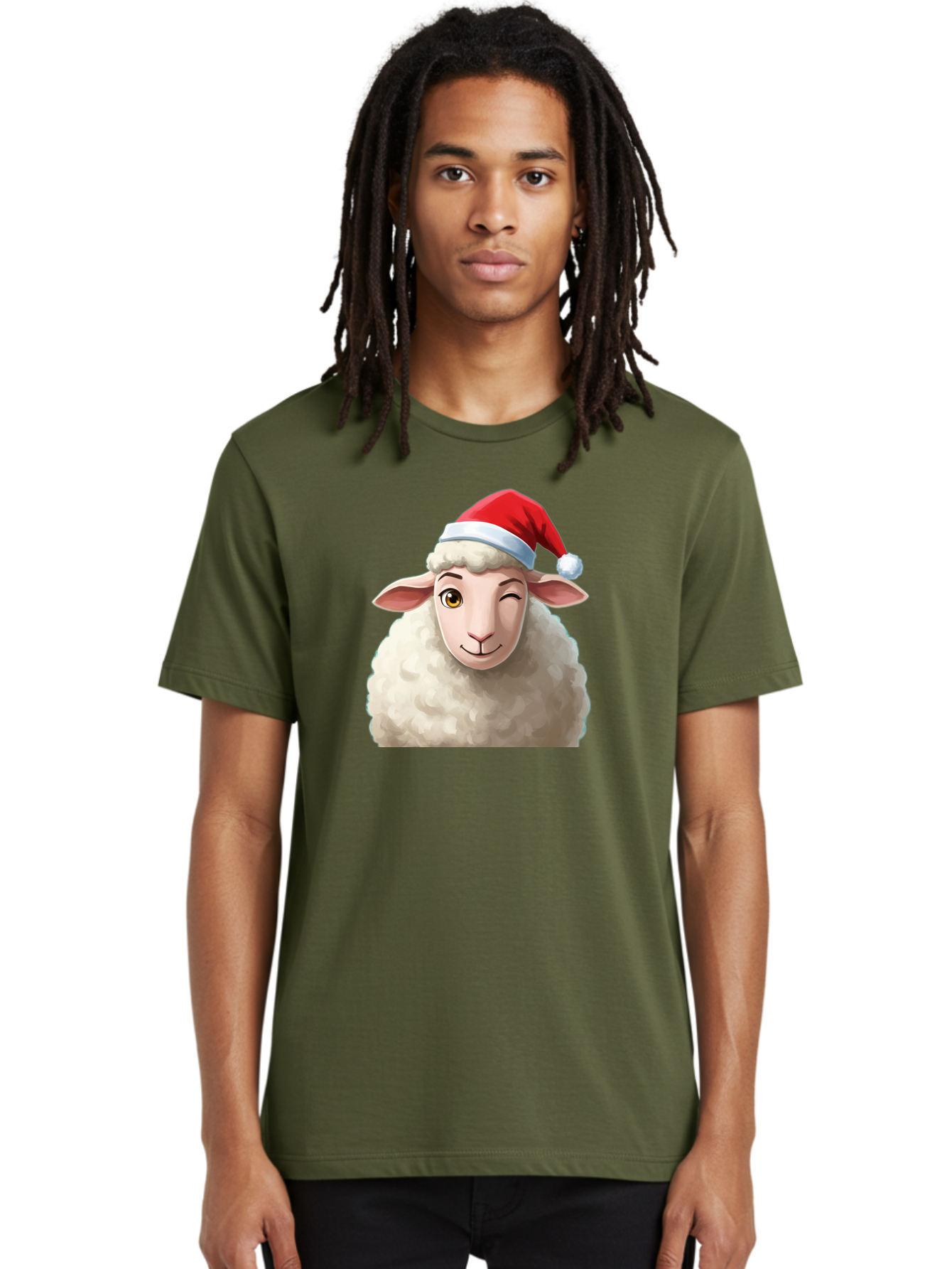 Sheep-In-Santa-Hat-1 Men'S Graphic Tee, 100% Cotton, Comfortable Casual Summer Wear, Machine Washable, Cartoon Sheep, Santa Hat, Christmas Character, Festive Animal, Holiday Cheer, Fluffy Sheep, Merry Christmas, Winter Wonderland, Funny Sheep Bad549