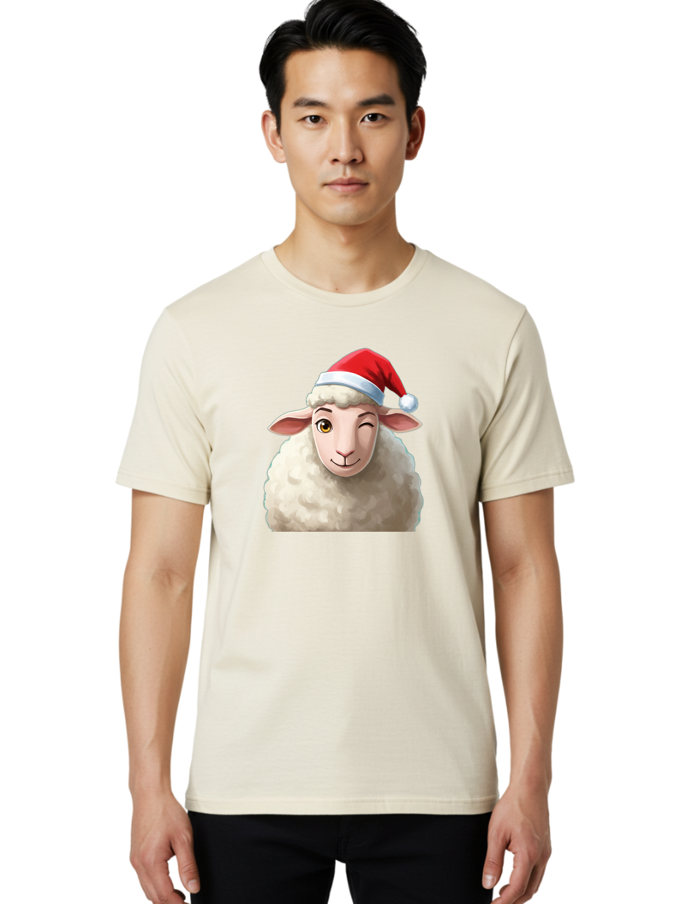 Sheep-In-Santa-Hat-1 Men'S Graphic Tee, 100% Cotton, Comfortable Casual Summer Wear, Machine Washable, Cartoon Sheep, Santa Hat, Christmas Character, Festive Animal, Holiday Cheer, Fluffy Sheep, Merry Christmas, Winter Wonderland, Funny Sheep Bad549
