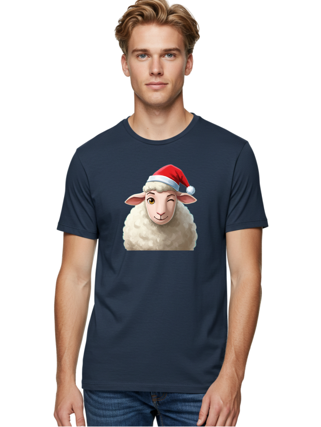 Sheep-In-Santa-Hat-1 Men'S Graphic Tee, 100% Cotton, Comfortable Casual Summer Wear, Machine Washable, Cartoon Sheep, Santa Hat, Christmas Character, Festive Animal, Holiday Cheer, Fluffy Sheep, Merry Christmas, Winter Wonderland, Funny Sheep Bad549