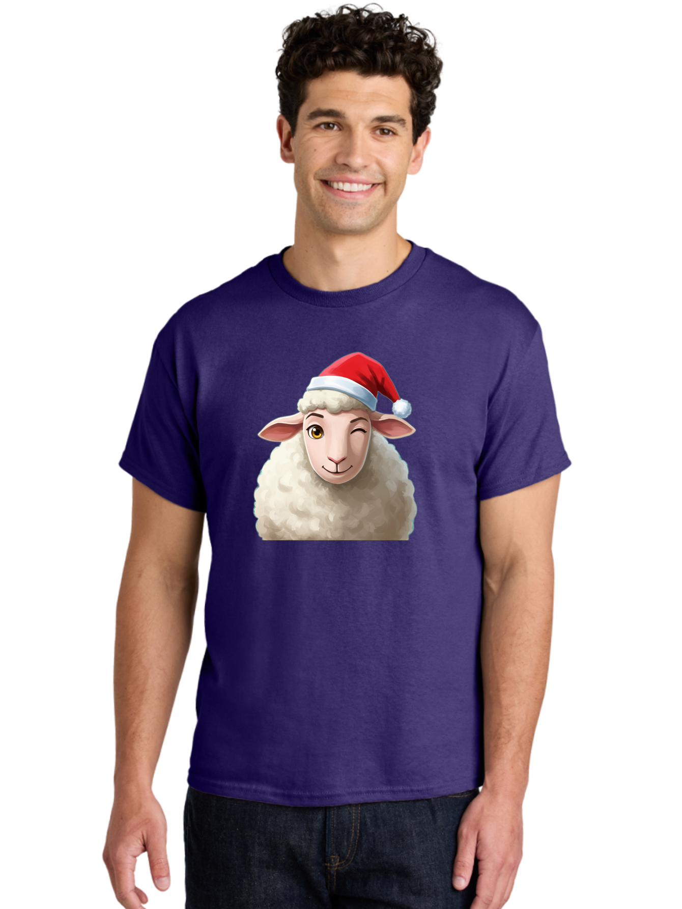 Sheep-In-Santa-Hat-1 Men'S Graphic Tee, 100% Cotton, Comfortable Casual Summer Wear, Machine Washable, Cartoon Sheep, Santa Hat, Christmas Character, Festive Animal, Holiday Cheer, Fluffy Sheep, Merry Christmas, Winter Wonderland, Funny Sheep Bad549