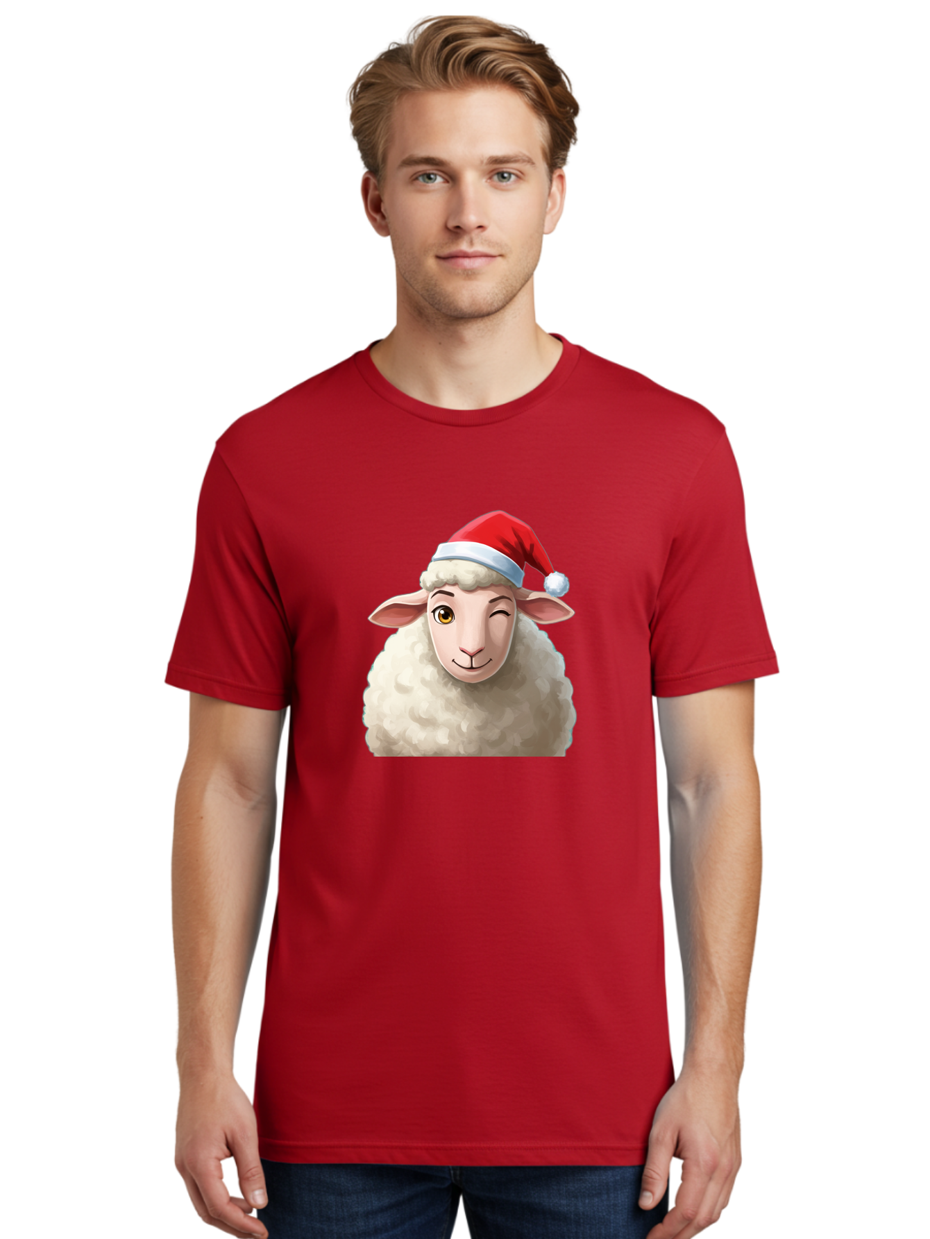 Sheep-In-Santa-Hat-1 Men'S Graphic Tee, 100% Cotton, Comfortable Casual Summer Wear, Machine Washable, Cartoon Sheep, Santa Hat, Christmas Character, Festive Animal, Holiday Cheer, Fluffy Sheep, Merry Christmas, Winter Wonderland, Funny Sheep Bad549