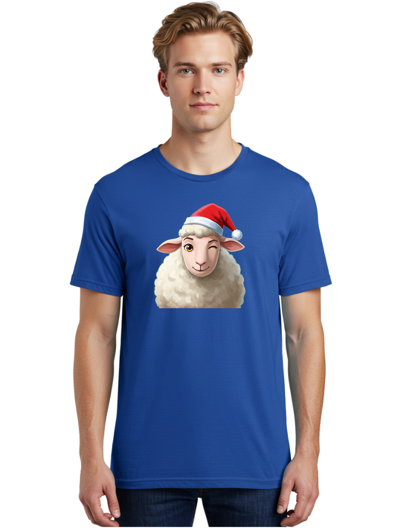 Sheep-In-Santa-Hat-1 Men'S Graphic Tee, 100% Cotton, Comfortable Casual Summer Wear, Machine Washable, Cartoon Sheep, Santa Hat, Christmas Character, Festive Animal, Holiday Cheer, Fluffy Sheep, Merry Christmas, Winter Wonderland, Funny Sheep Bad549