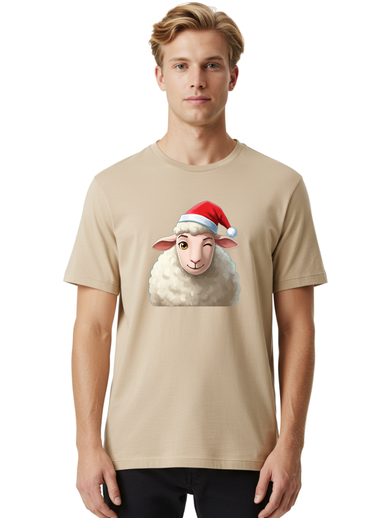 Sheep-In-Santa-Hat-1 Men'S Graphic Tee, 100% Cotton, Comfortable Casual Summer Wear, Machine Washable, Cartoon Sheep, Santa Hat, Christmas Character, Festive Animal, Holiday Cheer, Fluffy Sheep, Merry Christmas, Winter Wonderland, Funny Sheep Bad549