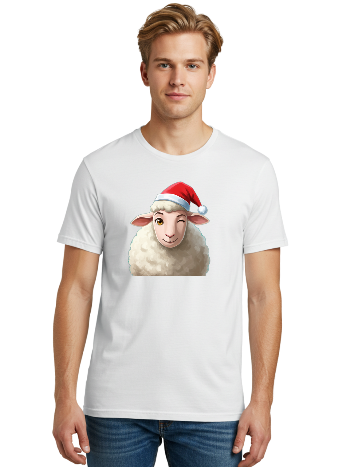 Sheep-In-Santa-Hat-1 Men'S Graphic Tee, 100% Cotton, Comfortable Casual Summer Wear, Machine Washable, Cartoon Sheep, Santa Hat, Christmas Character, Festive Animal, Holiday Cheer, Fluffy Sheep, Merry Christmas, Winter Wonderland, Funny Sheep Bad549