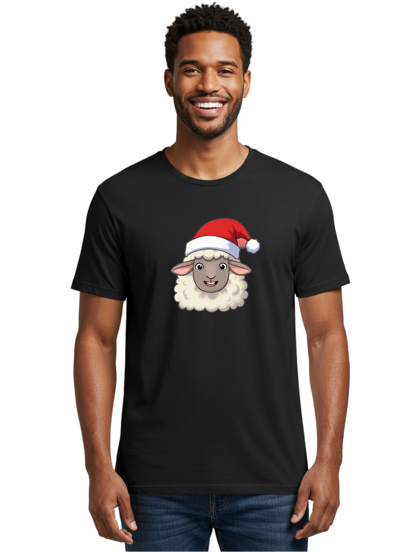 Sheep-In-Santa-Hat Men'S Graphic Tee, 100% Cotton, Comfortable Casual Summer Wear, Machine Washable, Cartoon Sheep, Santa Hat, Festive Character, Holiday Cheer, Cute Animal, Fluffy Sheep, Christmas Theme, Fun Design, Playful Illustration, Bad550