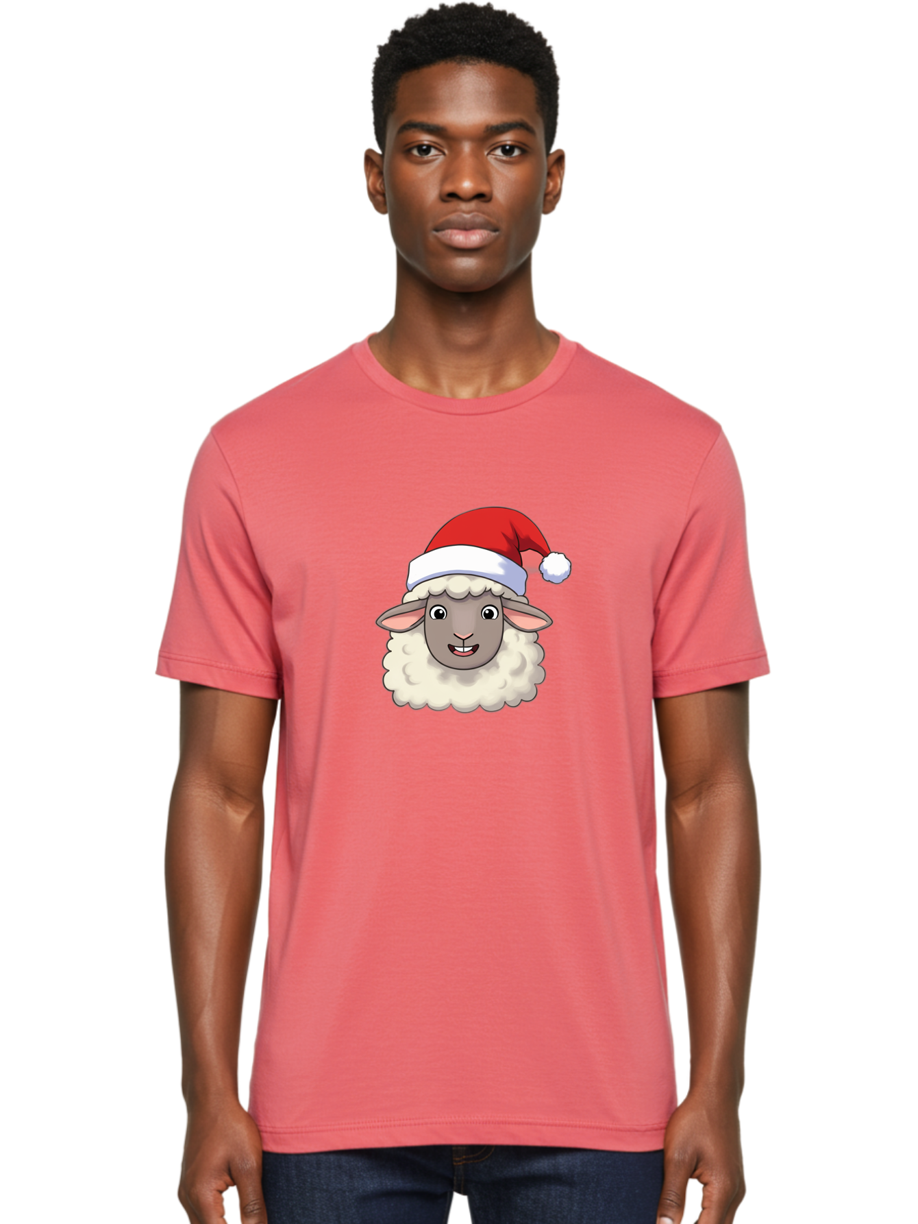 Sheep-In-Santa-Hat Men'S Graphic Tee, 100% Cotton, Comfortable Casual Summer Wear, Machine Washable, Cartoon Sheep, Santa Hat, Festive Character, Holiday Cheer, Cute Animal, Fluffy Sheep, Christmas Theme, Fun Design, Playful Illustration, Bad550