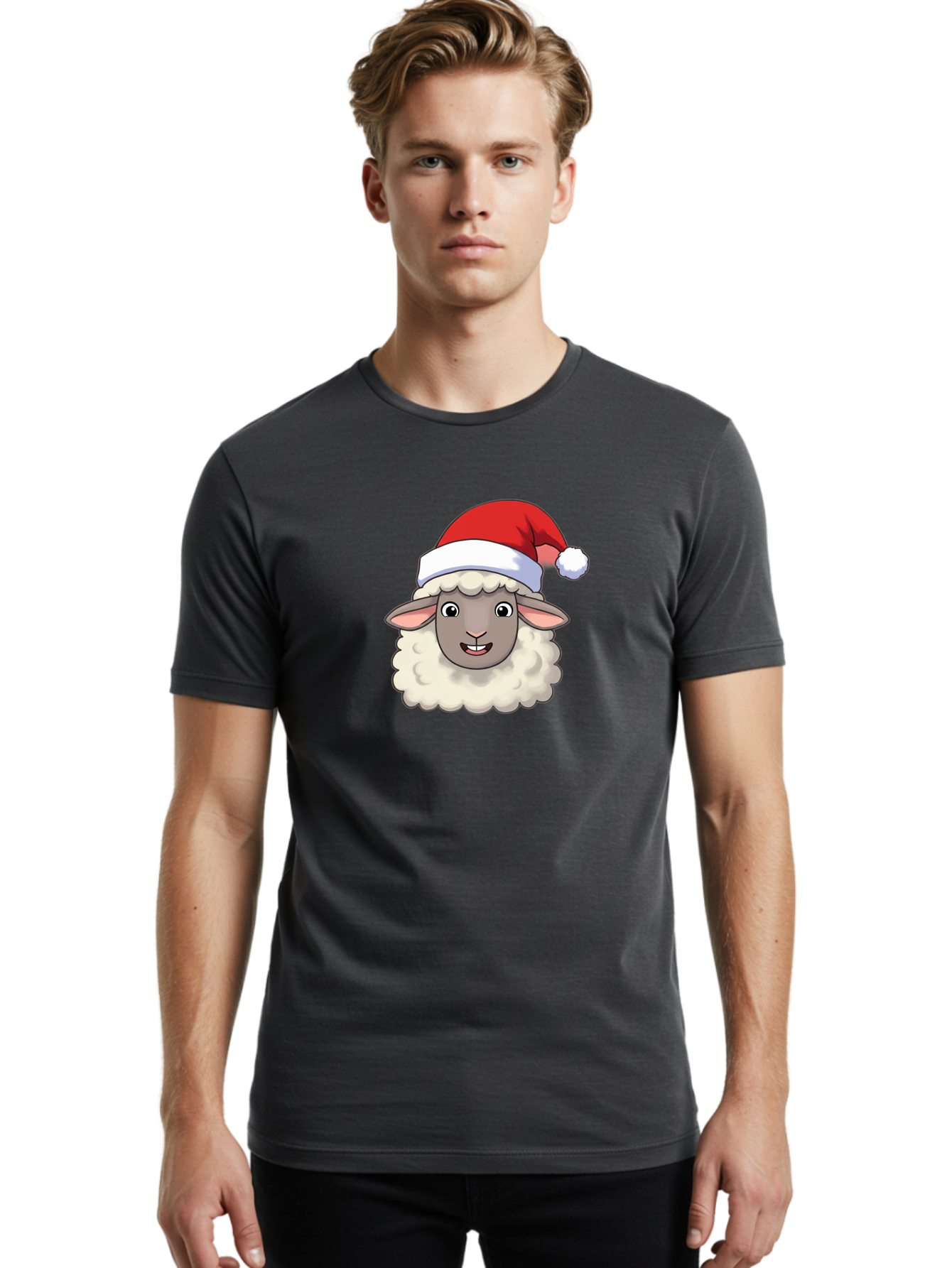 Sheep-In-Santa-Hat Men'S Graphic Tee, 100% Cotton, Comfortable Casual Summer Wear, Machine Washable, Cartoon Sheep, Santa Hat, Festive Character, Holiday Cheer, Cute Animal, Fluffy Sheep, Christmas Theme, Fun Design, Playful Illustration, Bad550