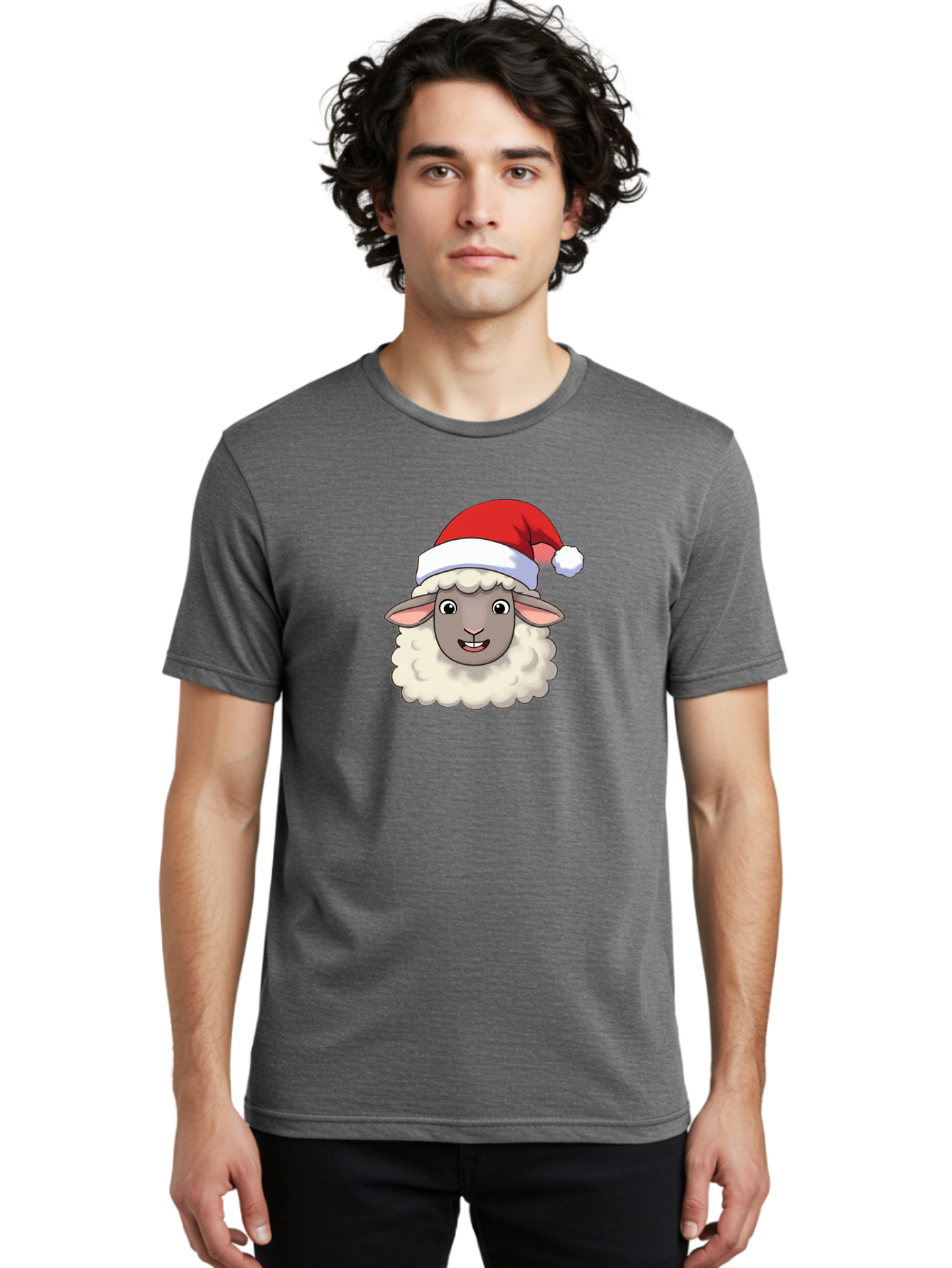 Sheep-In-Santa-Hat Men'S Graphic Tee, 100% Cotton, Comfortable Casual Summer Wear, Machine Washable, Cartoon Sheep, Santa Hat, Festive Character, Holiday Cheer, Cute Animal, Fluffy Sheep, Christmas Theme, Fun Design, Playful Illustration, Bad550