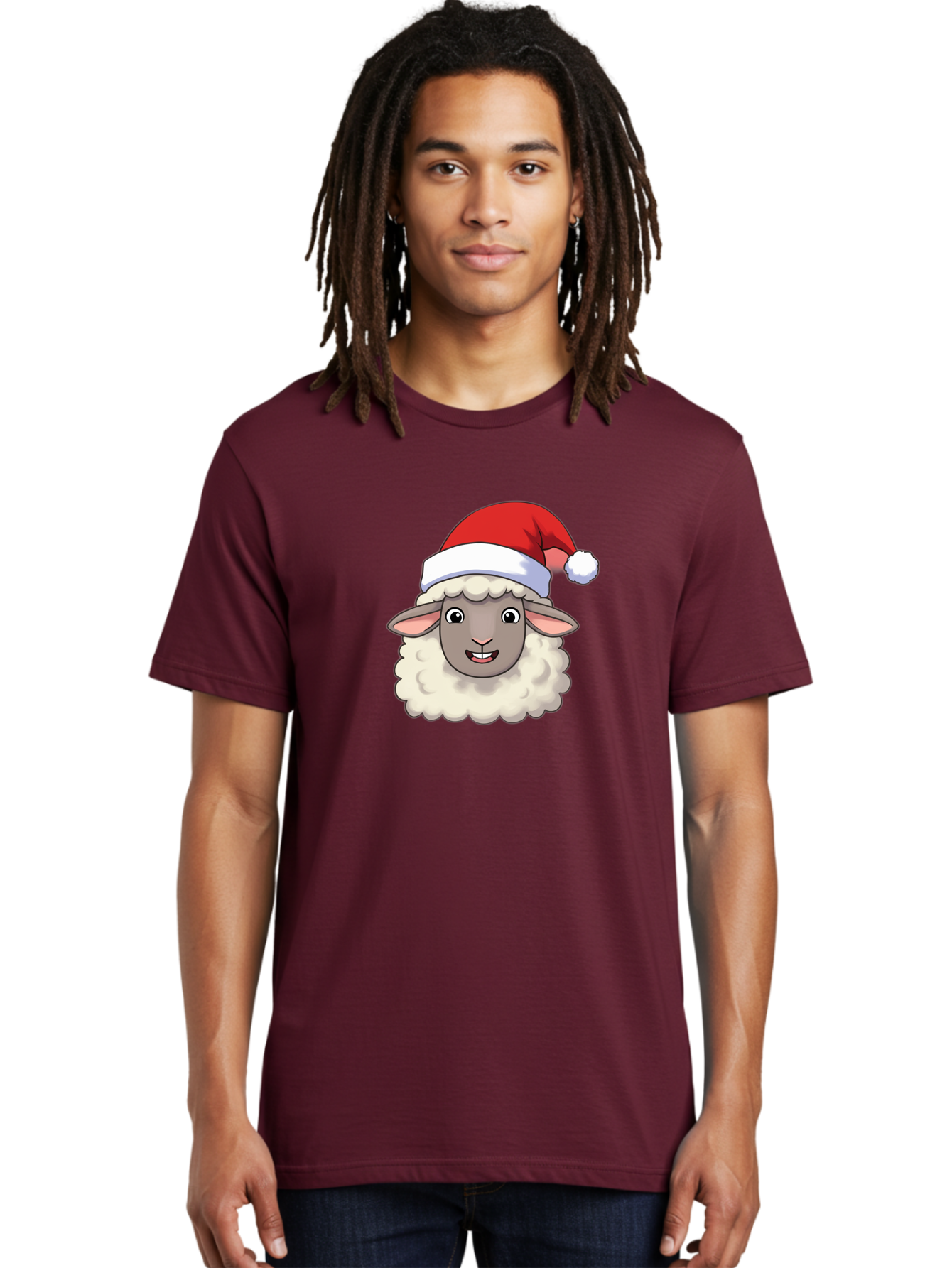 Sheep-In-Santa-Hat Men'S Graphic Tee, 100% Cotton, Comfortable Casual Summer Wear, Machine Washable, Cartoon Sheep, Santa Hat, Festive Character, Holiday Cheer, Cute Animal, Fluffy Sheep, Christmas Theme, Fun Design, Playful Illustration, Bad550