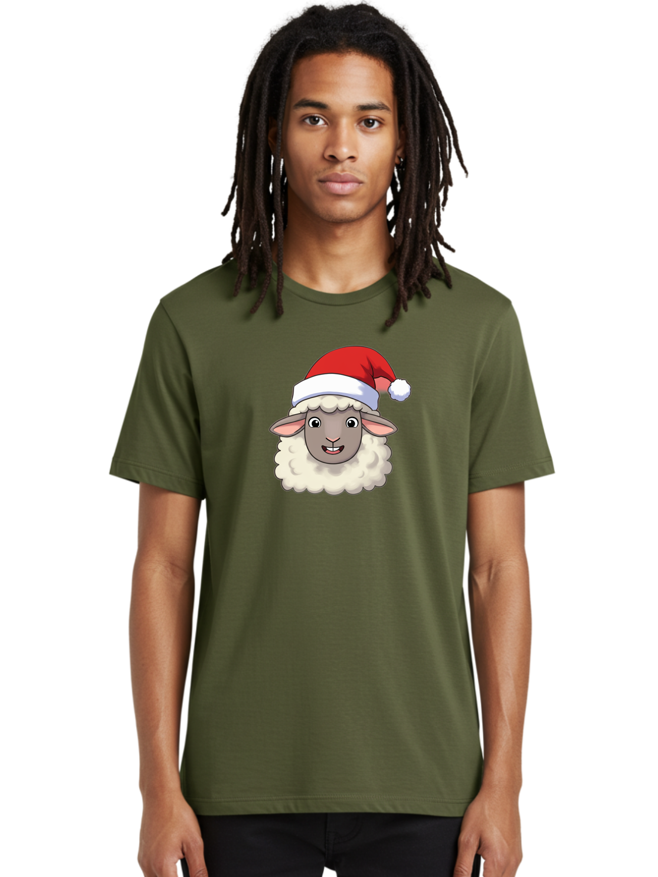 Sheep-In-Santa-Hat Men'S Graphic Tee, 100% Cotton, Comfortable Casual Summer Wear, Machine Washable, Cartoon Sheep, Santa Hat, Festive Character, Holiday Cheer, Cute Animal, Fluffy Sheep, Christmas Theme, Fun Design, Playful Illustration, Bad550