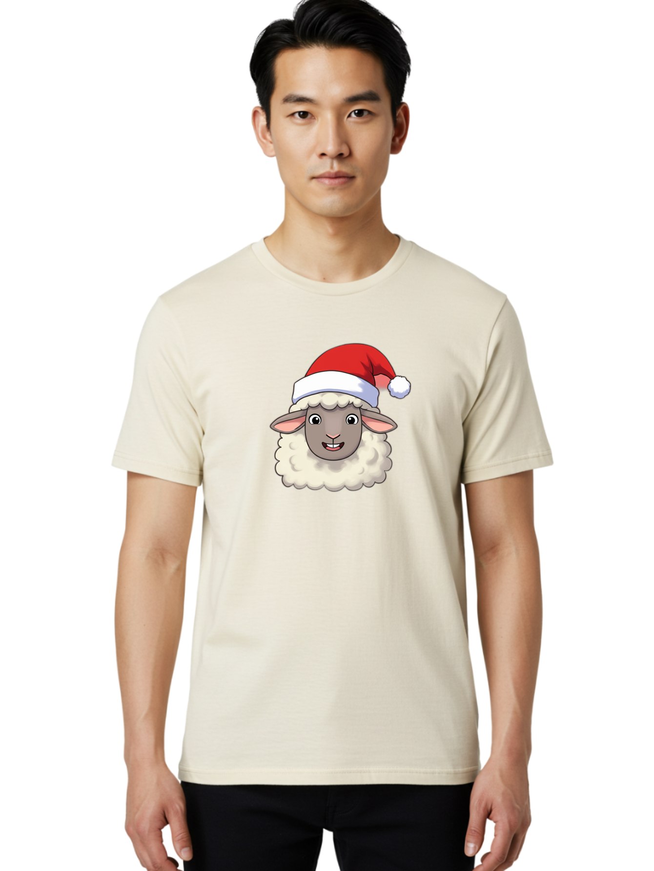 Sheep-In-Santa-Hat Men'S Graphic Tee, 100% Cotton, Comfortable Casual Summer Wear, Machine Washable, Cartoon Sheep, Santa Hat, Festive Character, Holiday Cheer, Cute Animal, Fluffy Sheep, Christmas Theme, Fun Design, Playful Illustration, Bad550