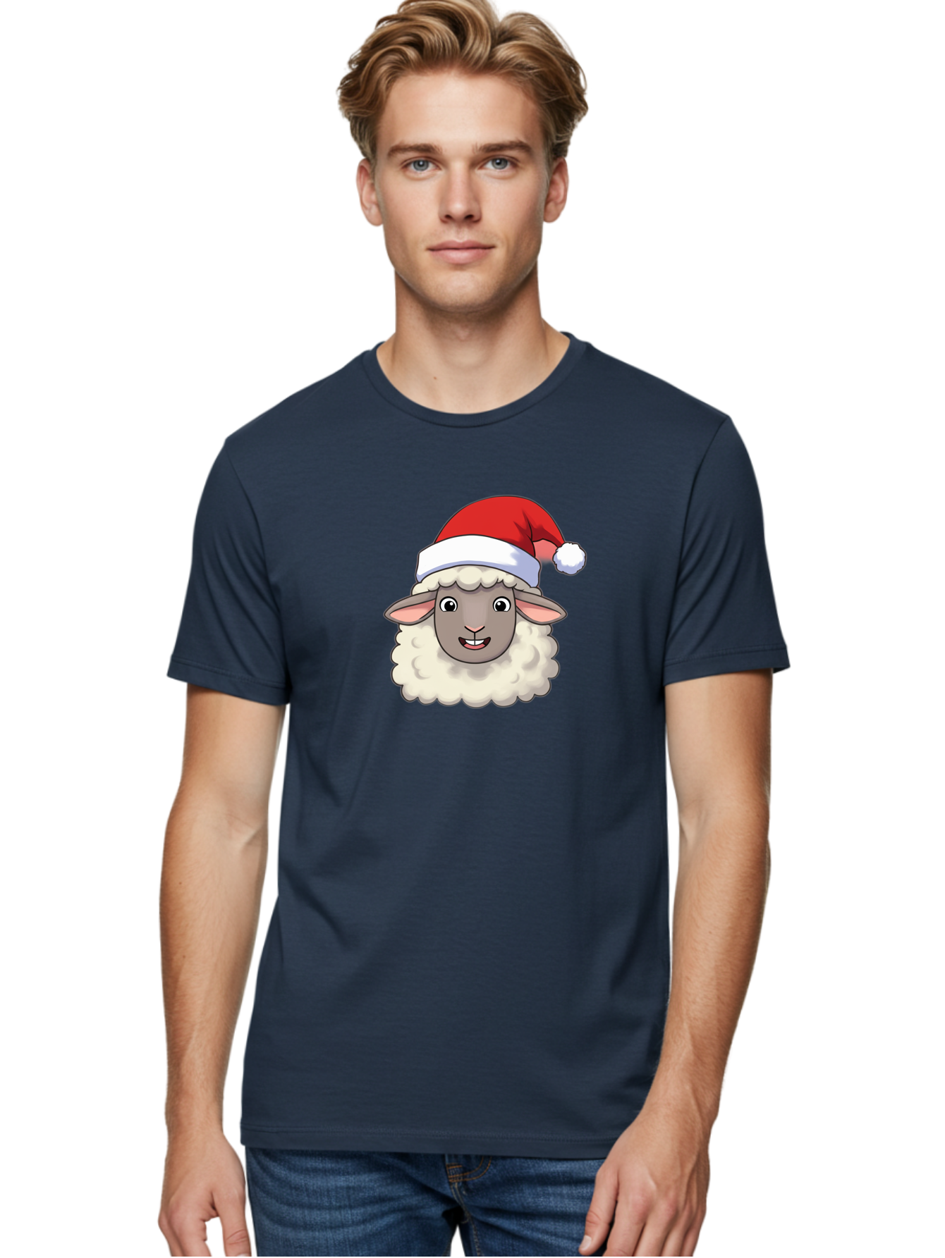 Sheep-In-Santa-Hat Men'S Graphic Tee, 100% Cotton, Comfortable Casual Summer Wear, Machine Washable, Cartoon Sheep, Santa Hat, Festive Character, Holiday Cheer, Cute Animal, Fluffy Sheep, Christmas Theme, Fun Design, Playful Illustration, Bad550