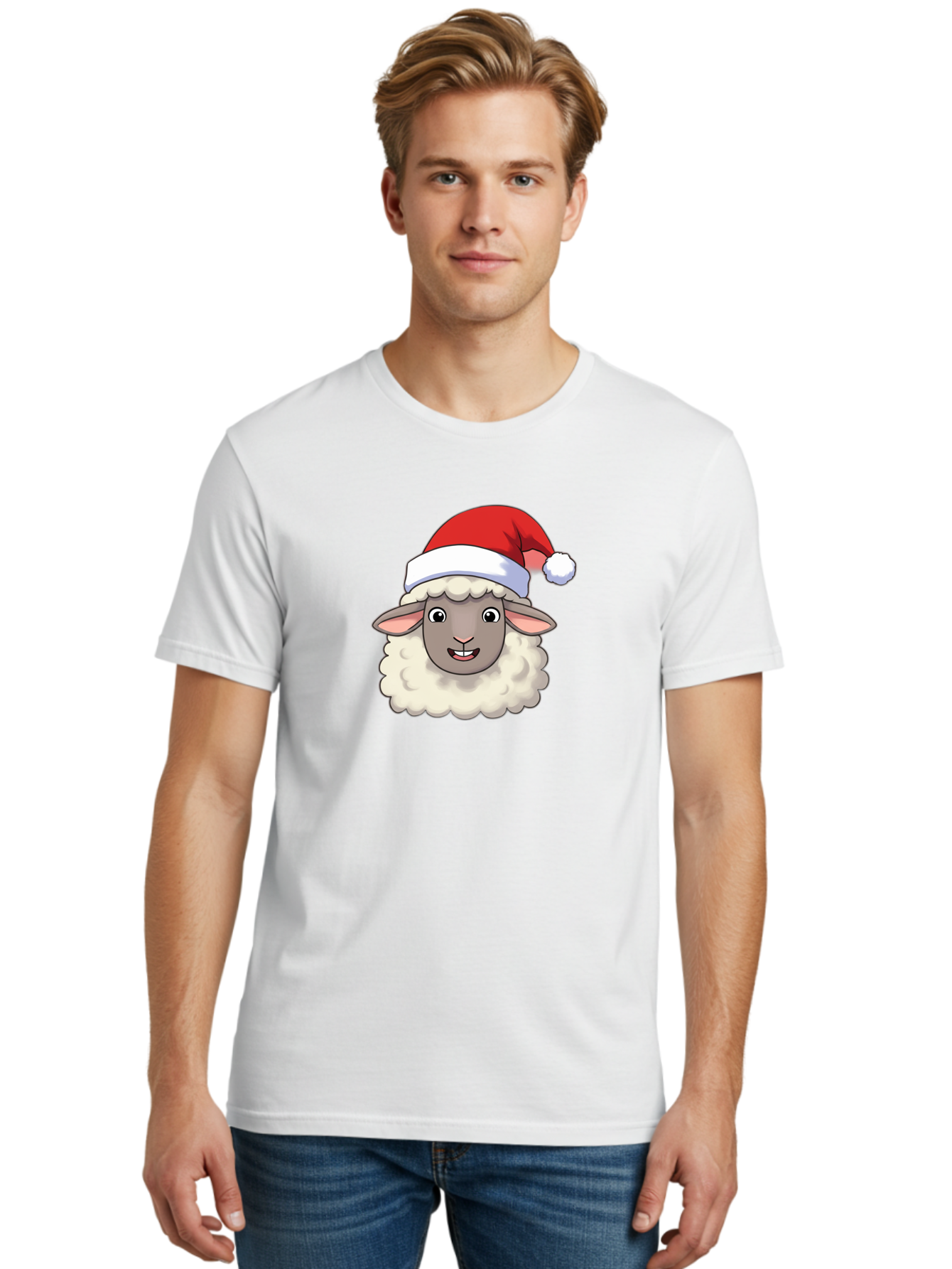 Sheep-In-Santa-Hat Men'S Graphic Tee, 100% Cotton, Comfortable Casual Summer Wear, Machine Washable, Cartoon Sheep, Santa Hat, Festive Character, Holiday Cheer, Cute Animal, Fluffy Sheep, Christmas Theme, Fun Design, Playful Illustration, Bad550