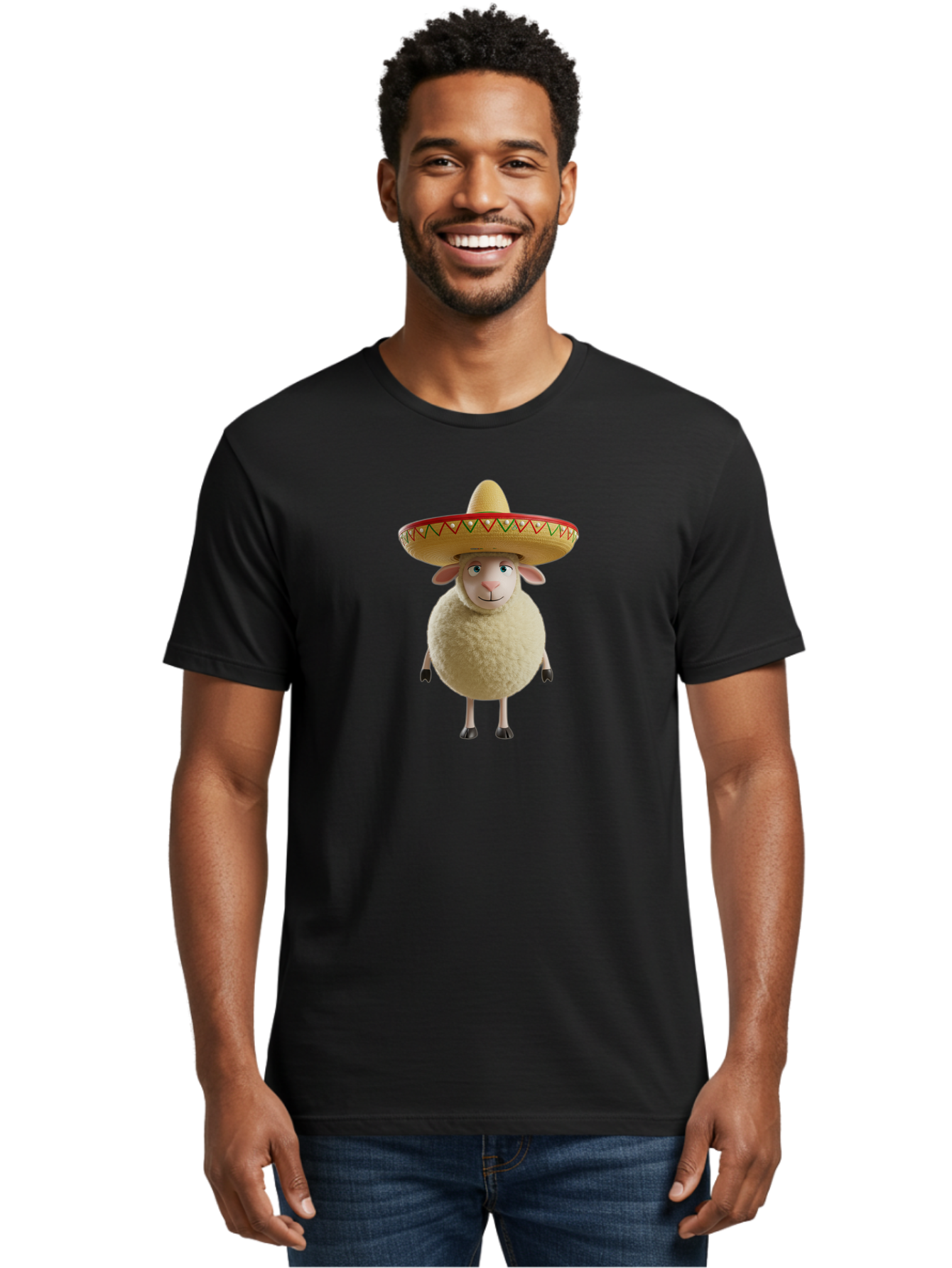 Sheep-In-Sombrero Men'S Graphic Tee, 100% Cotton, Comfortable Casual Summer Wear, Machine Washable, Cartoon Sheep Wearing Sombrero, Funny Animal, Humorous Illustration, Playful Character, Whimsical Design, Sheep In Hat Bad551