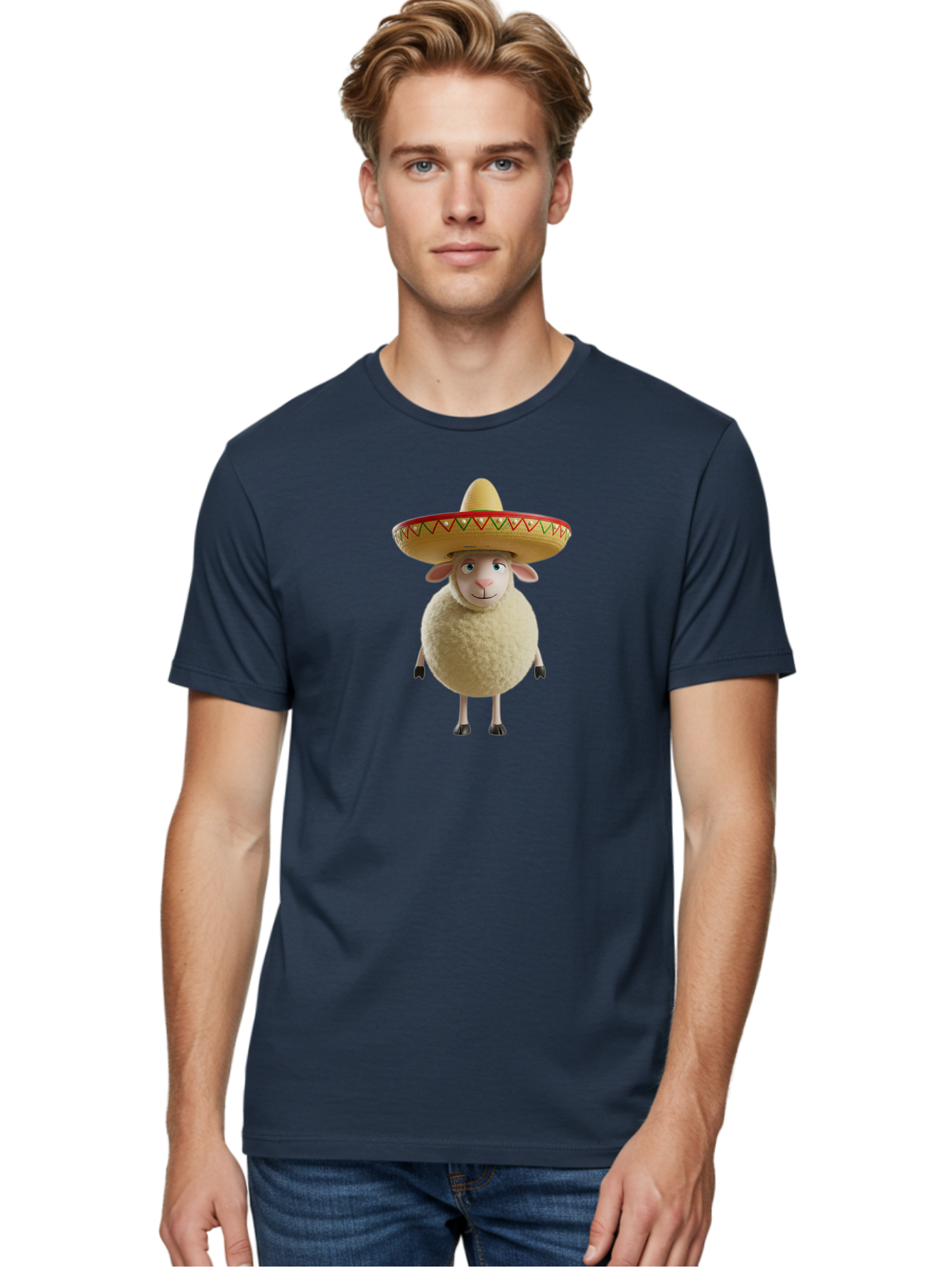 Sheep-In-Sombrero Men'S Graphic Tee, 100% Cotton, Comfortable Casual Summer Wear, Machine Washable, Cartoon Sheep Wearing Sombrero, Funny Animal, Humorous Illustration, Playful Character, Whimsical Design, Sheep In Hat Bad551