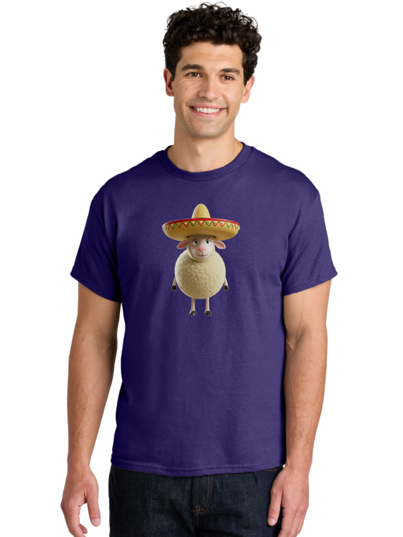 Sheep-In-Sombrero Men'S Graphic Tee, 100% Cotton, Comfortable Casual Summer Wear, Machine Washable, Cartoon Sheep Wearing Sombrero, Funny Animal, Humorous Illustration, Playful Character, Whimsical Design, Sheep In Hat Bad551