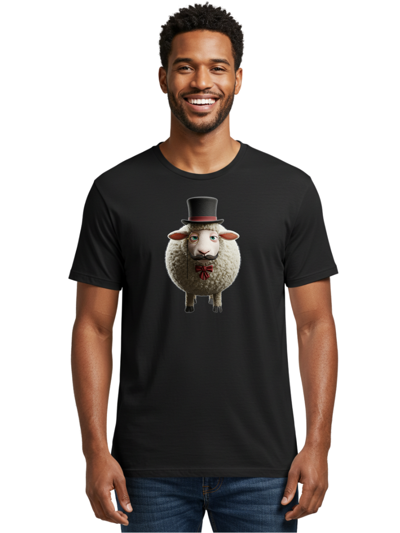 Sheep-In-Top-Hat-1 Men'S Graphic Tee, 100% Cotton, Comfortable Casual Summer Wear, Machine Washable, Sheep In A Top Hat, Cartoon Character, Funny Animal, Red Bow Tie, Black Mustache, Fluffy Sheep, Humorous Illustration, Whimsical Design, Bad552