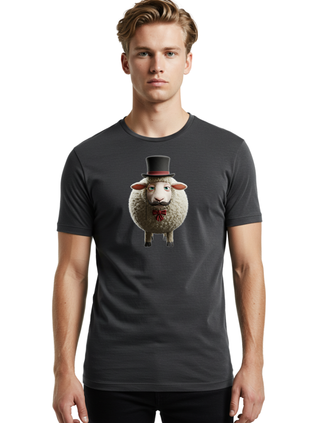 Sheep-In-Top-Hat-1 Men'S Graphic Tee, 100% Cotton, Comfortable Casual Summer Wear, Machine Washable, Sheep In A Top Hat, Cartoon Character, Funny Animal, Red Bow Tie, Black Mustache, Fluffy Sheep, Humorous Illustration, Whimsical Design, Bad552