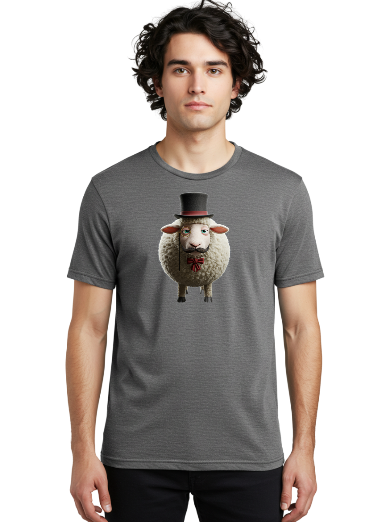 Sheep-In-Top-Hat-1 Men'S Graphic Tee, 100% Cotton, Comfortable Casual Summer Wear, Machine Washable, Sheep In A Top Hat, Cartoon Character, Funny Animal, Red Bow Tie, Black Mustache, Fluffy Sheep, Humorous Illustration, Whimsical Design, Bad552