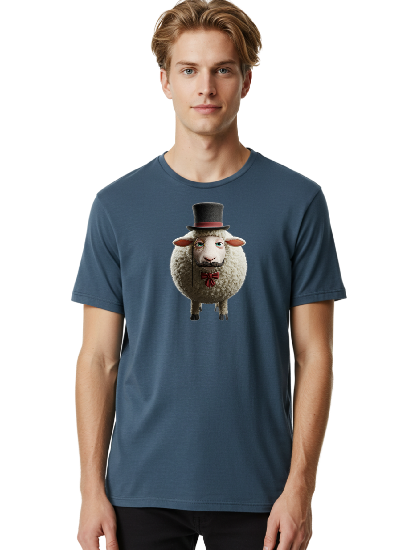 Sheep-In-Top-Hat-1 Men'S Graphic Tee, 100% Cotton, Comfortable Casual Summer Wear, Machine Washable, Sheep In A Top Hat, Cartoon Character, Funny Animal, Red Bow Tie, Black Mustache, Fluffy Sheep, Humorous Illustration, Whimsical Design, Bad552