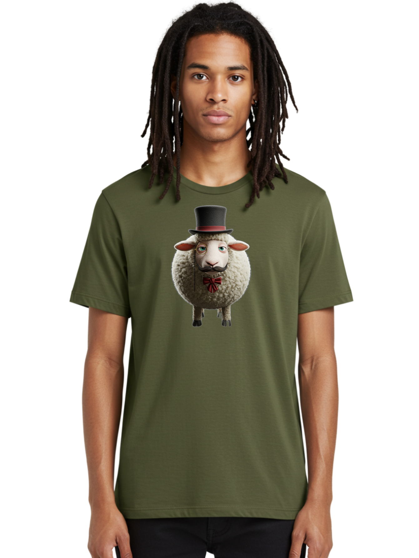 Sheep-In-Top-Hat-1 Men'S Graphic Tee, 100% Cotton, Comfortable Casual Summer Wear, Machine Washable, Sheep In A Top Hat, Cartoon Character, Funny Animal, Red Bow Tie, Black Mustache, Fluffy Sheep, Humorous Illustration, Whimsical Design, Bad552